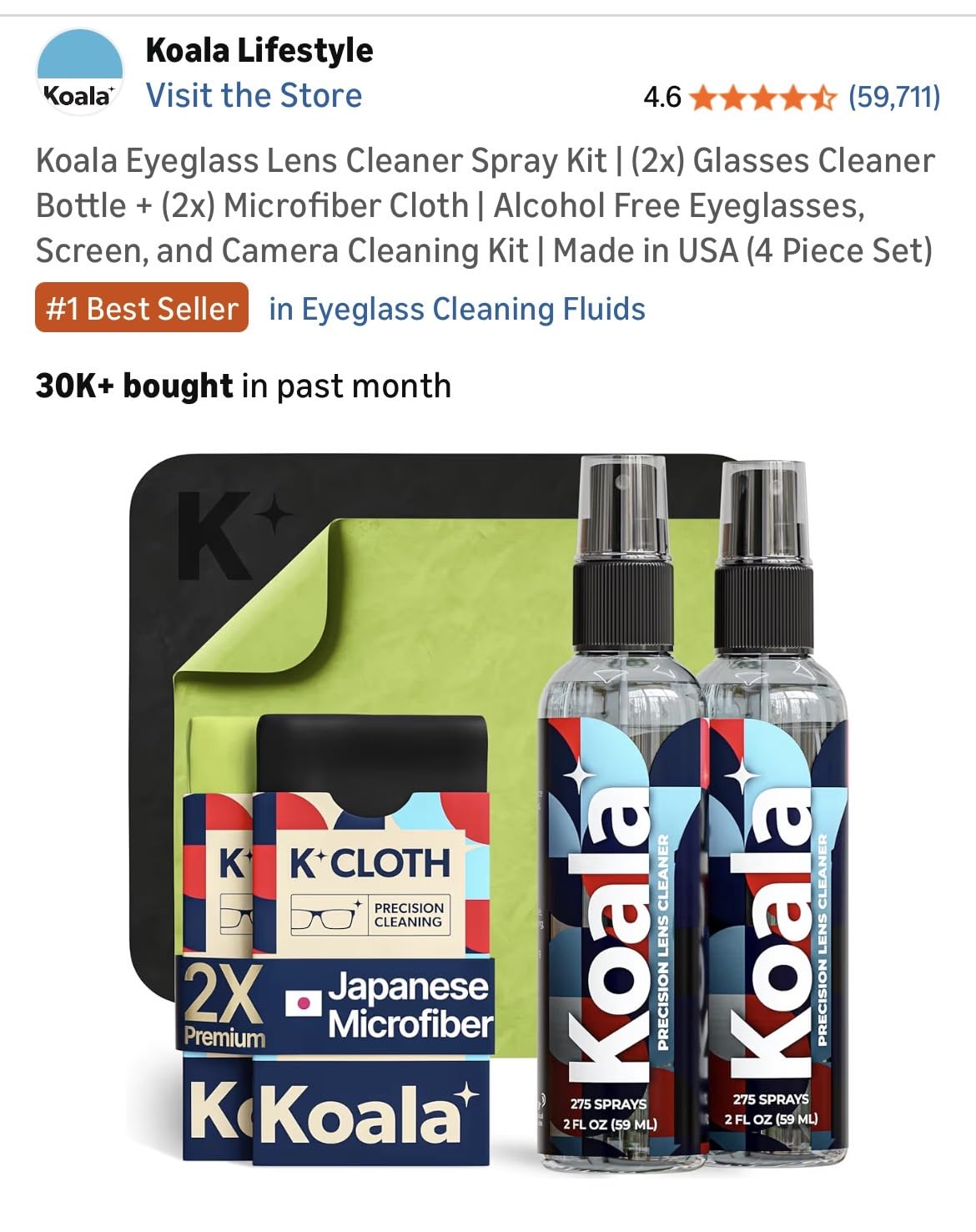 Koala Eyeglass Lens Cleaner Spray Kit | Japanese Microfiber (4 Piece Set) | (2x) Glasses Cleaner Bottle + (2x) Microfiber Cloth | Alcohol Free Eyeglasses, Screen, and Camera Cleaning Kit | Made in USA customer photo 2