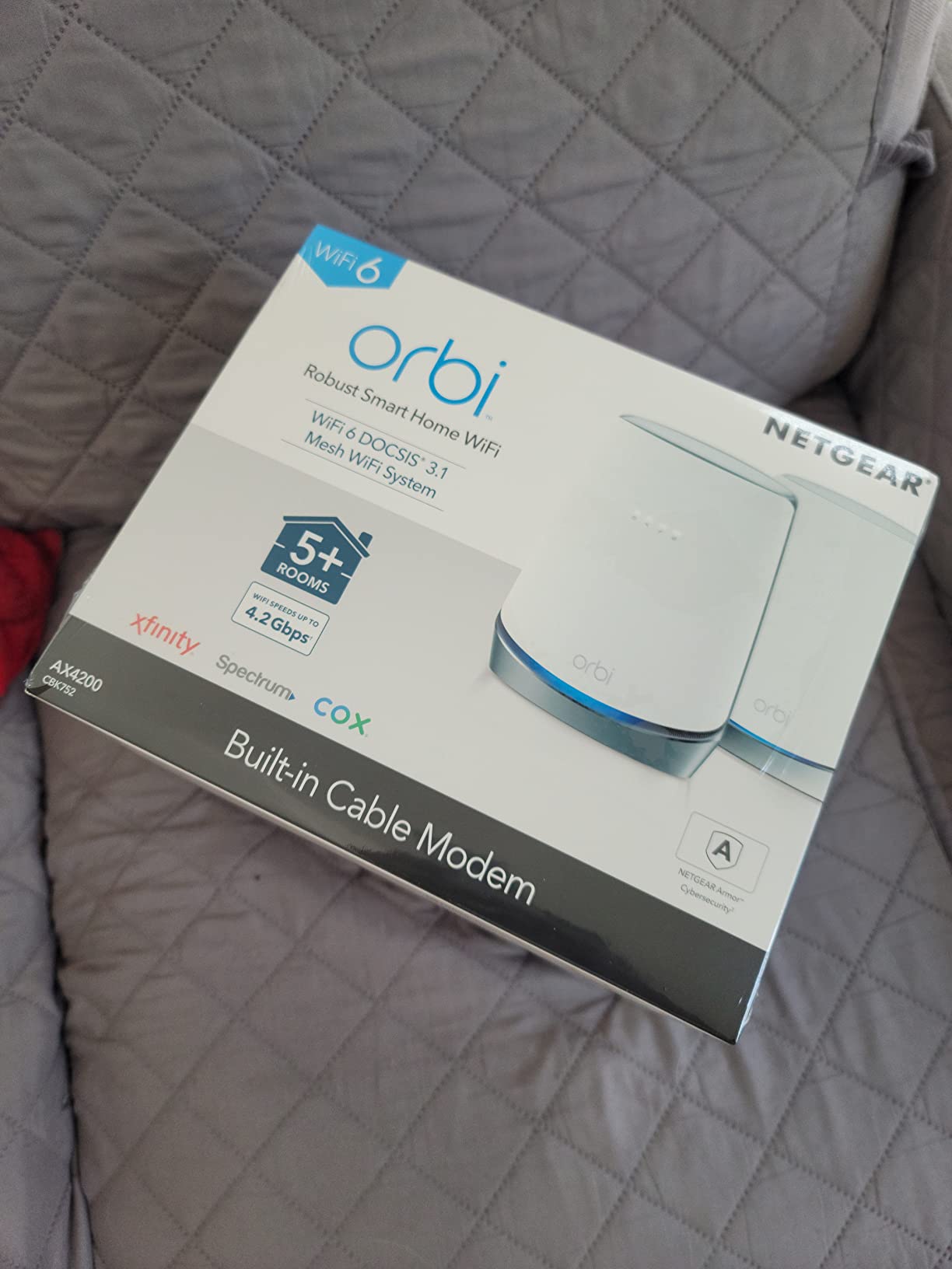 NETGEAR Orbi Cable Modem Router Combo Mesh System (CBK752) DOCSIS 3.1 - AX4200 WiFi 6 (4.2 Gbps) - Certified with Xfinity (up to 900Mbps), Spectrum & Cox (up to 1Gbps) - Covers 5,000 sq.ft. customer photo 1