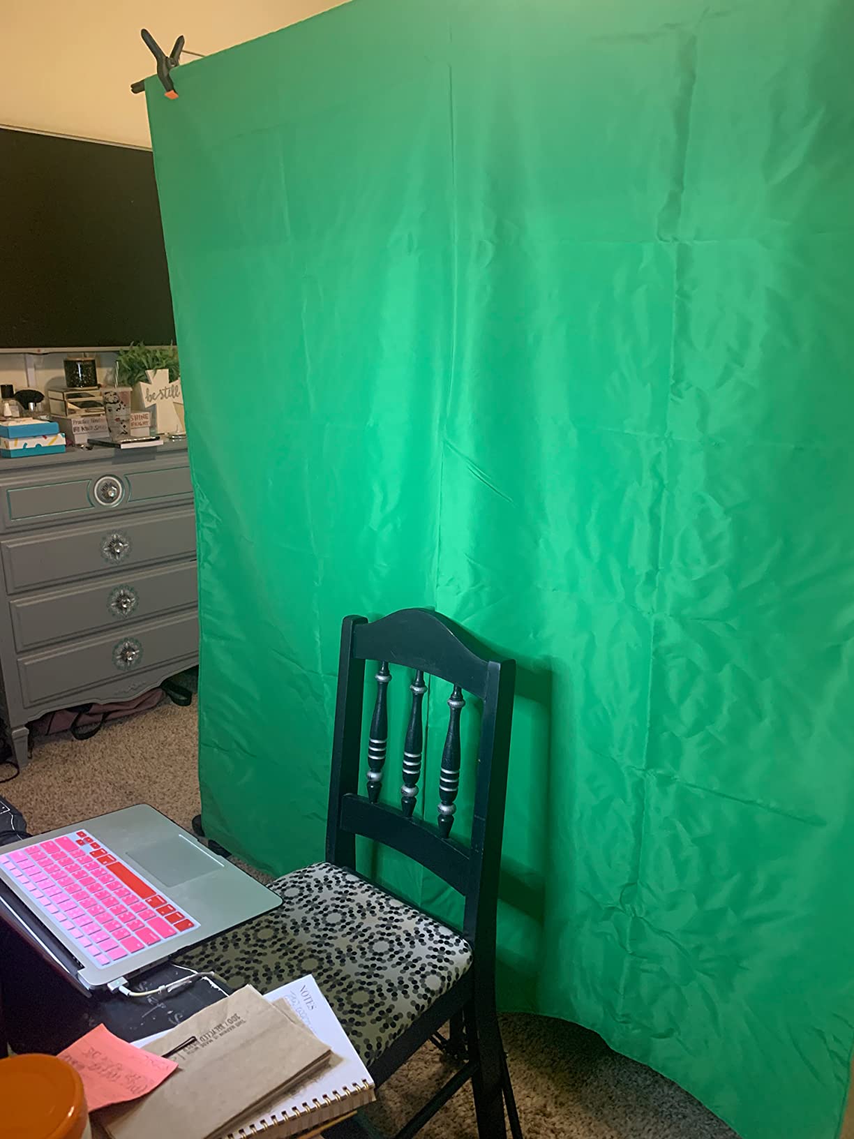 Green Screen Backdrop Kit with Stand, 5X6.5ft Portable Green Screen Backdrop with Stand kit, GreenScreen Background with Stand Carrying Bag Clamp for Streaming Video Zoom customer photo 1