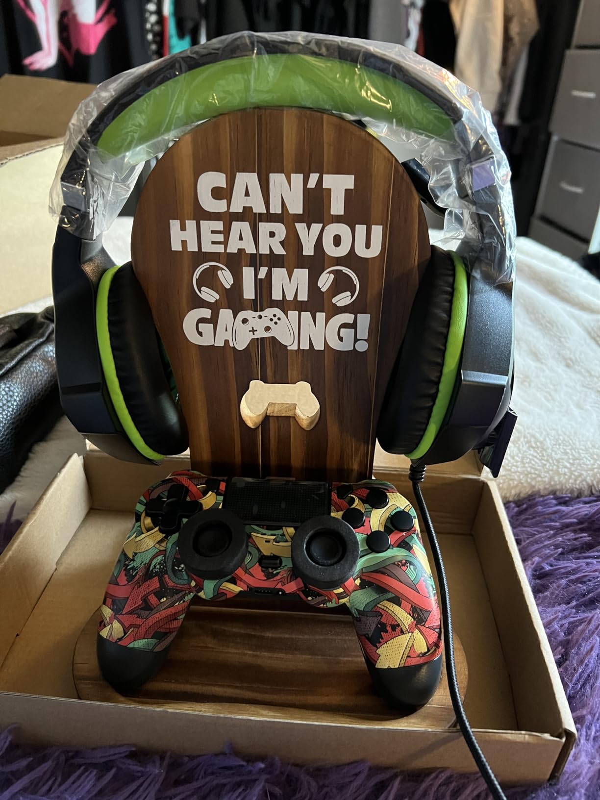 Gamer Gifts for Teenage Boy, Gamer Room Decor for Man, Best Gifts for Son, Boyfriend, Husband, Wooden Headset Stand, Can't Hear you I'm Gaming customer photo 2