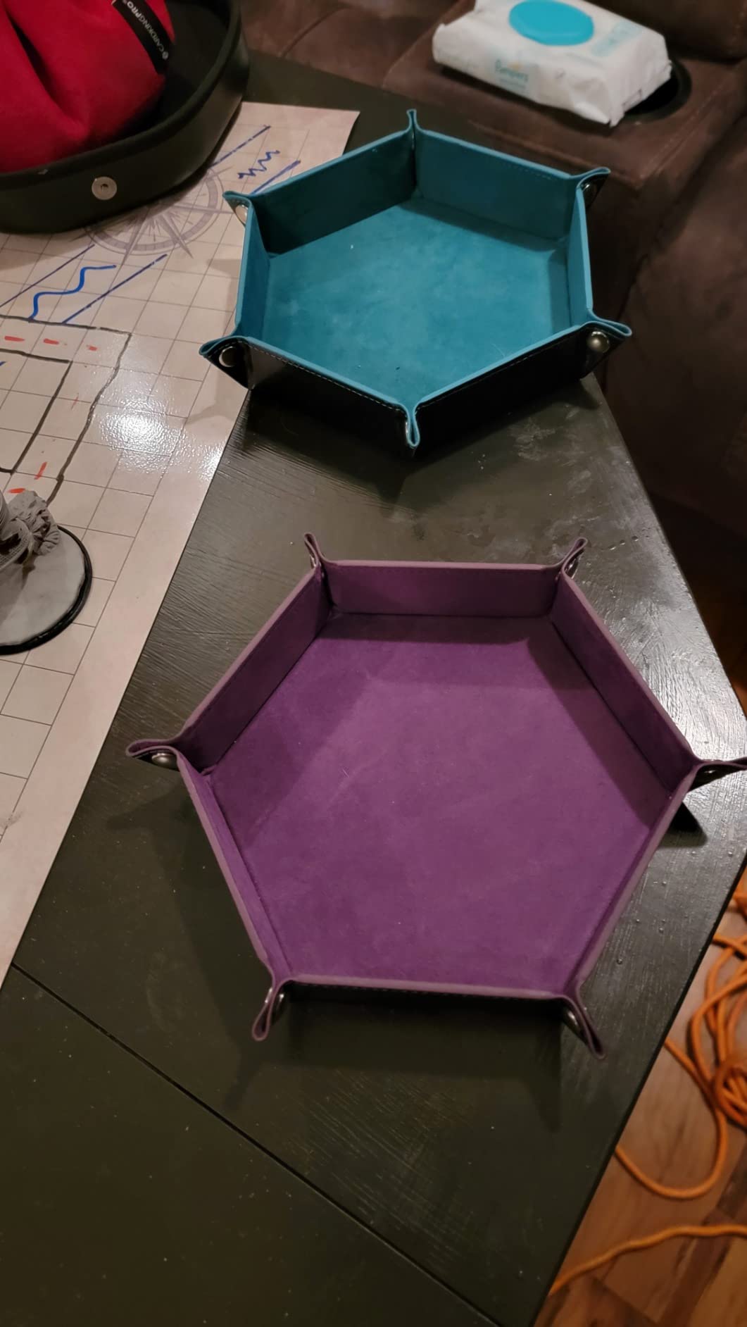 SIQUK 6 Pieces Dice Tray Hexagon Dice Rolling Holder Folding PU Leather Dice Trays for Dice Games Like RPG, DND and Other Table Games(Cyan, Black, Violet, Pink, Camel, Sky Blue) customer photo 2