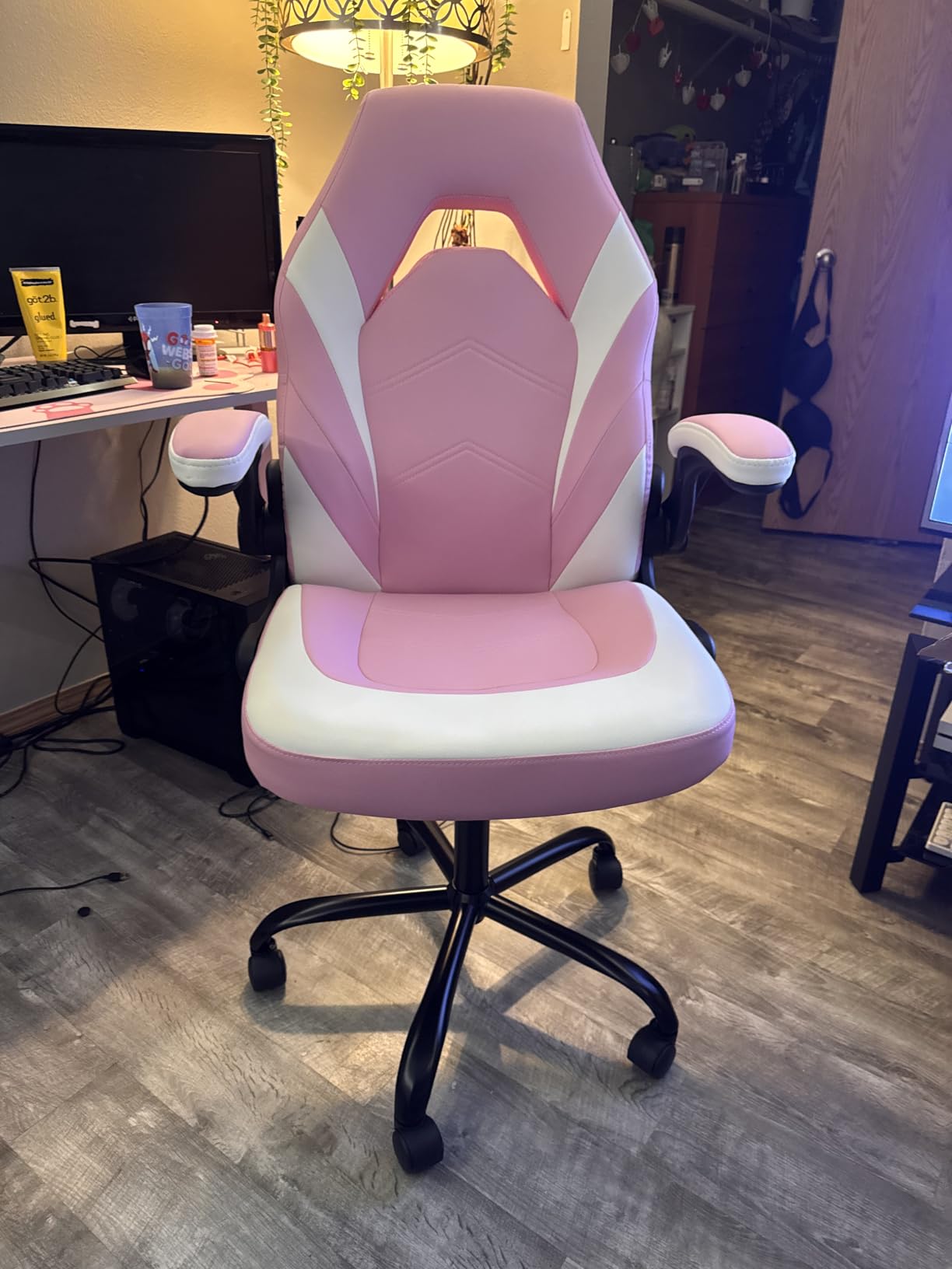 OLIXIS Computer Gaming Chair, Lumbar Support, PU Leather | 360° Swivel Wheels, Height Adjustable, Flip-up Armrest, Ergonomic Home Office Desk, Video Racing, Black and Blue customer photo 2