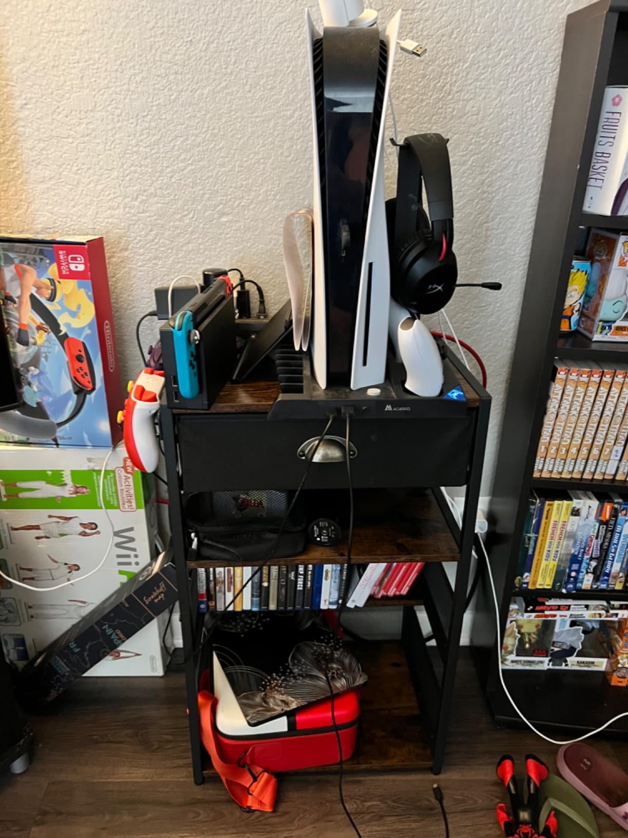 Hongtamoya 4-Tier AV Media Stand with Drawer, Gaming Console Shelf | Audio Rack Tower with 2 Hooks for PS5, Xbox, Switch, DVD Player, Record Player, Projector and TV Accessories Storage customer photo 2