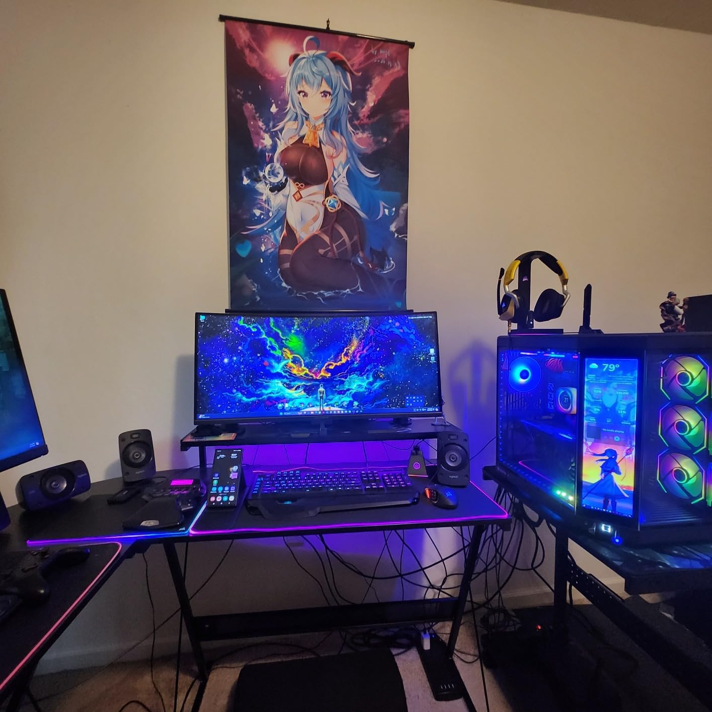 Wireless Charging Mouse Pad with Phone Stand, 31.5 x 15.8 in | Key-controlled lighting with multiple colors and effects; foldable viewing support; smooth cloth and stable rubber backing. customer photo 2