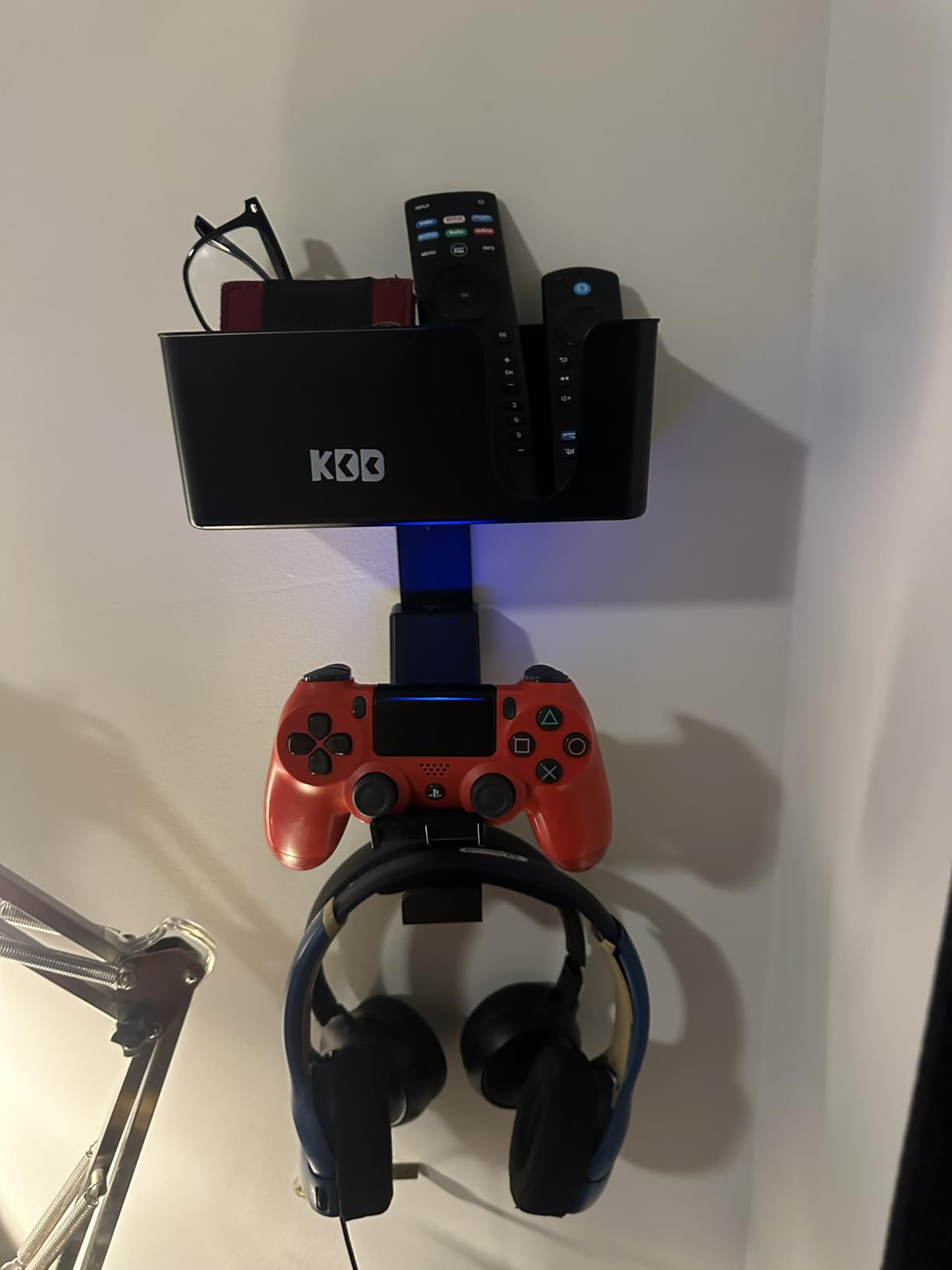 KDD 4-in-1 Wall Mount Controller Holder - Dual Game Controller and Headphone Hanger with Anti-Slip Pads for Xbox ONE/X Series/PS5/PS4 - Detachable Desk Storage for Media Remote, Phone and Speaker customer photo 1