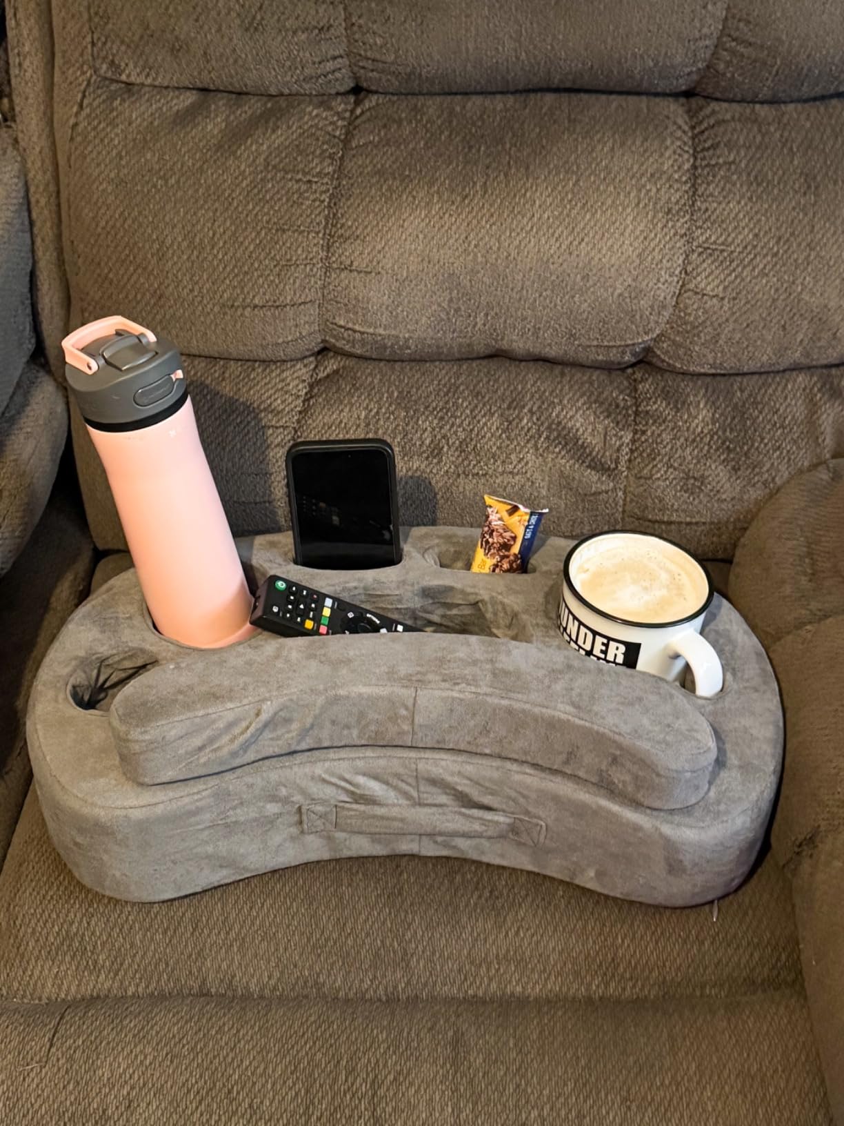 Couch Cup Holder Pillow with 6 Slots, Couch Organizer Caddy & Buddy with Customized Game Controller Hole & Armrest Pads, Removable & Washable Drink Pillow Gamer Gift for Remote, Phone, Snack customer photo 2