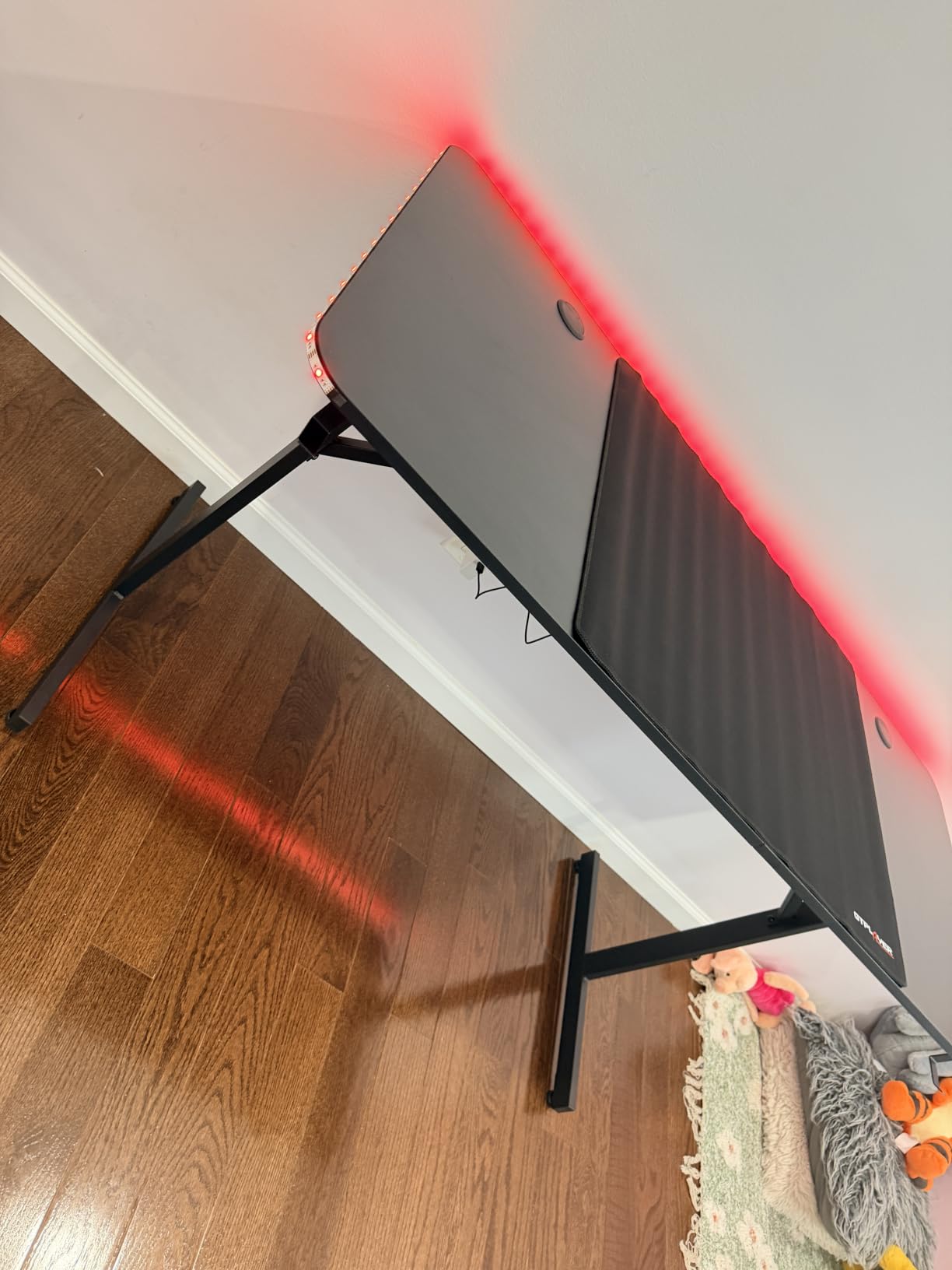 GTPLAYER 55 Inch Gaming Desk with Cup Holder Headphone Hook LED Lights Carbon Fiber Surface, Gaming Desk Computer Desk PC Desk, Home Office Desk customer photo 2