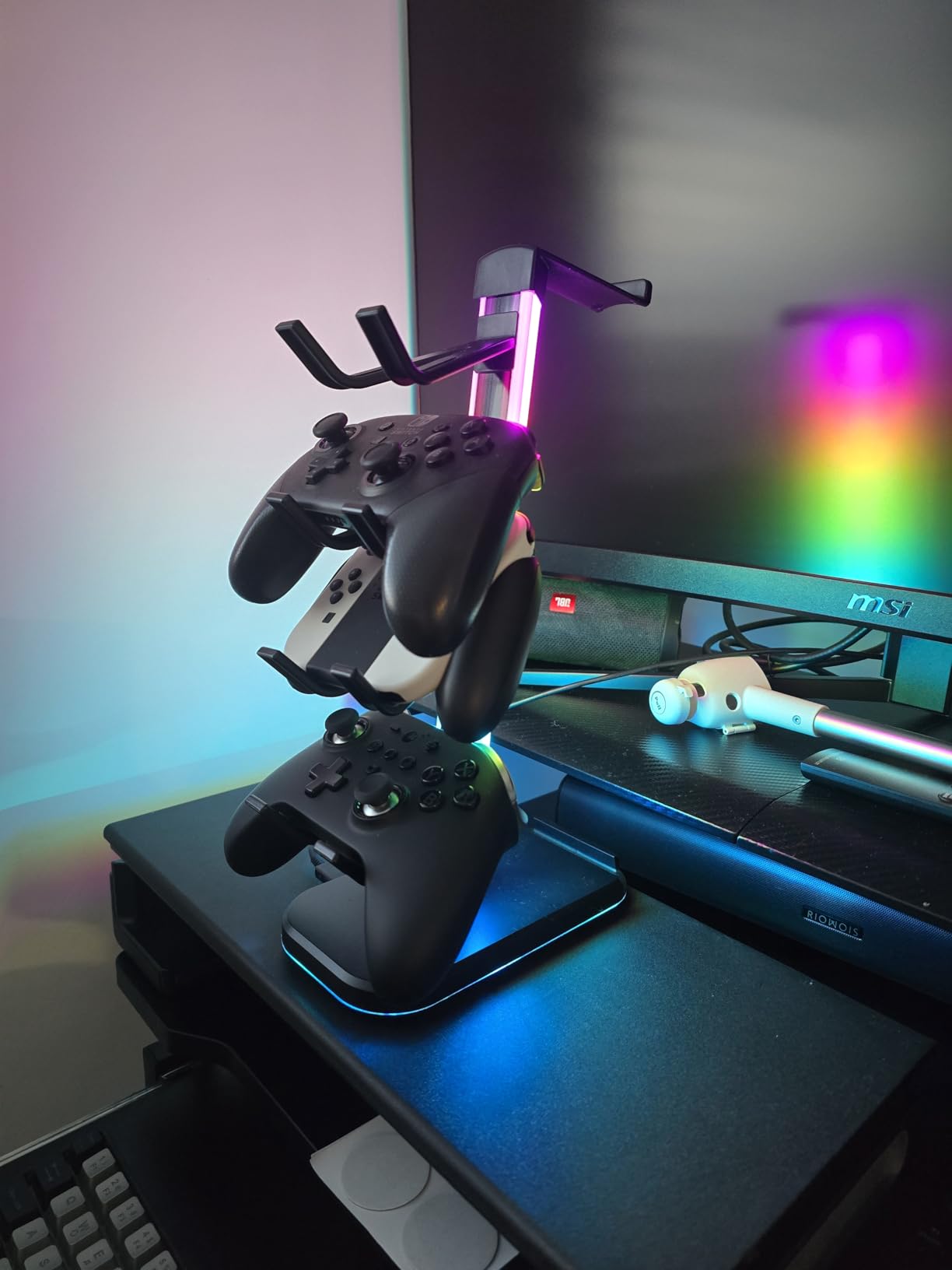 Gaming Headphones Stand with Charging Station, RGB Headset Stand with 10 Light Modes, 4 Controller Holder with 1 USB & 2 Type-C Charging Ports - Earphone Hook for PC Desktop Gamer Accessories Storage customer photo 1