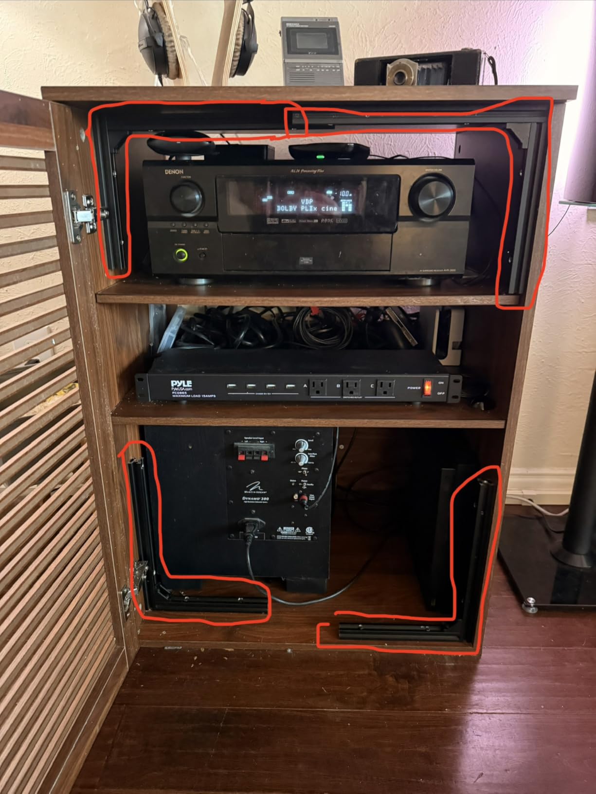 LEVNARY 5-Tier AV Media Cabinet with Grille Door & Adjustable Shelves, Modern Wooden Stereo Rack with Cable Management & Wheels, Audio Video Stand for Living Gaming Room Recording Studio (Walnut) customer photo 2