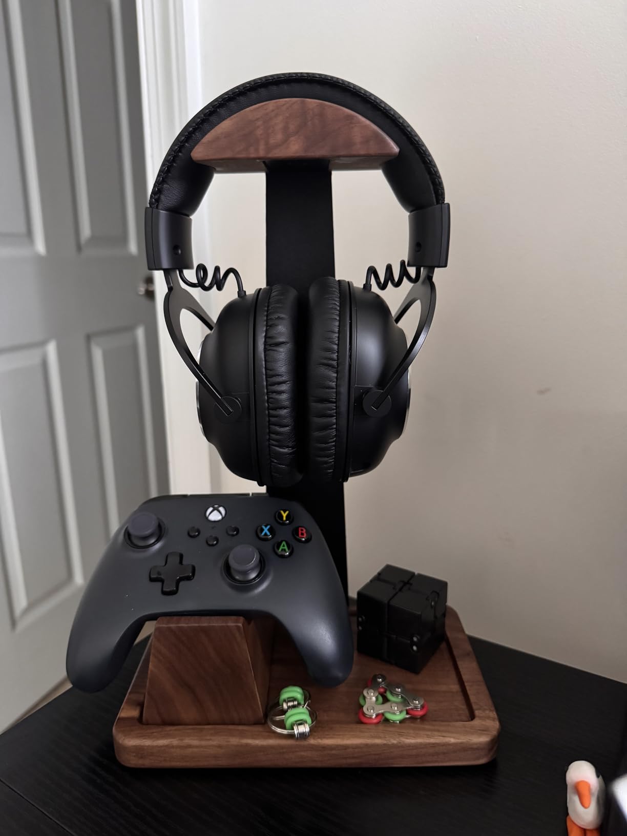UPERGO Walnut Headphone Stand with Controller Holder & Storage Base | Solid Wood Grain, Gear & Charger Storage, Gamer Gift for PS5 Xbox Controllers, Desk Accessories customer photo 1