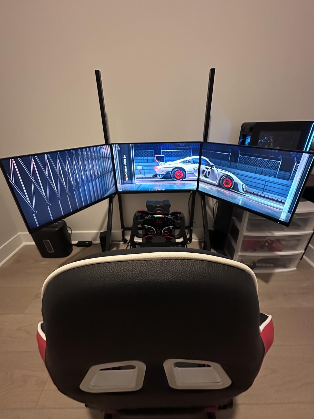 Marada Sim Racing Triple Monitor Stand with Wheels for 27-32 inch Displays | for Racing Flight Simulator Cockpit Rig, Tilt Rolling Triple TV Stand on Wheels, Portable and Height Adjustable customer photo 2