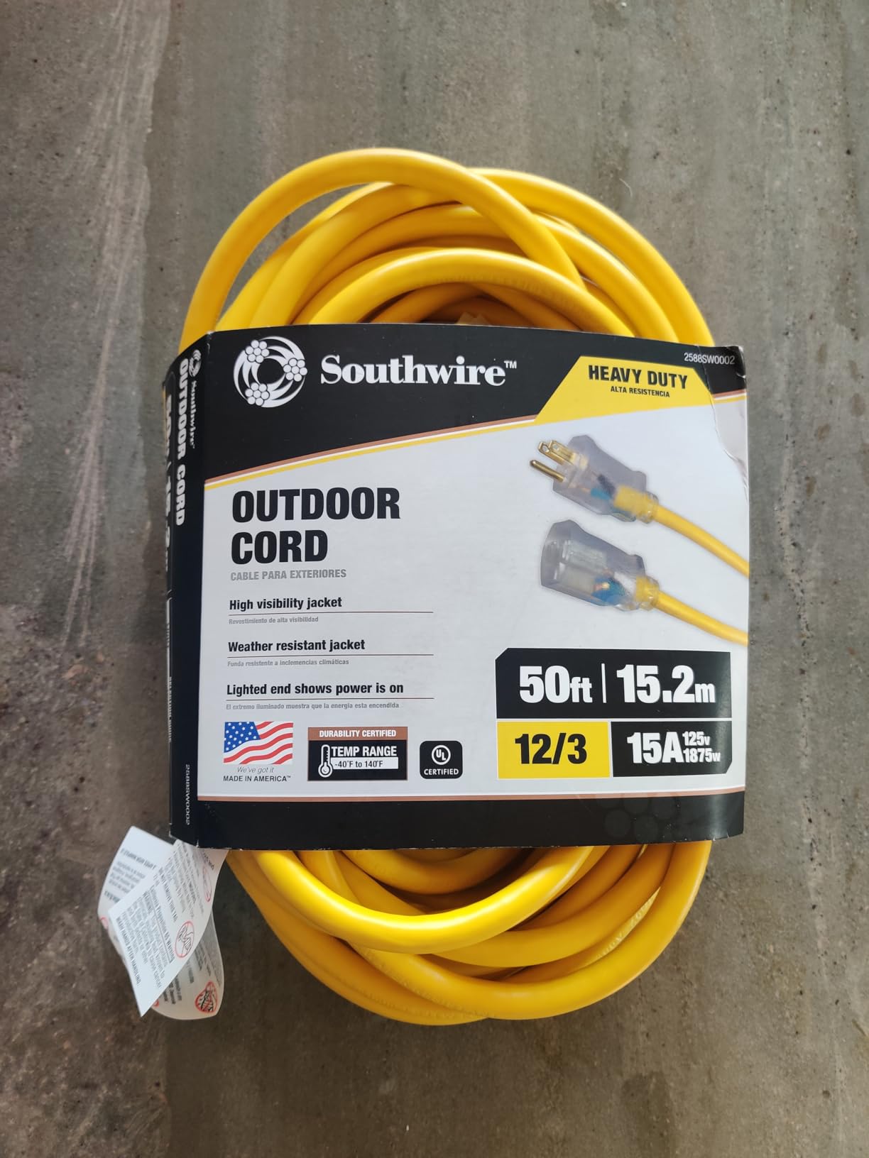 Southwire Outdoor Extension Cord – Durable Vinyl Jacket for For Farm, Ranch & Workshop - Lighted End With Reinforced Blades - SJTW, Yellow - 12 Gauge, 3 Prong - 50 Feet customer photo 2