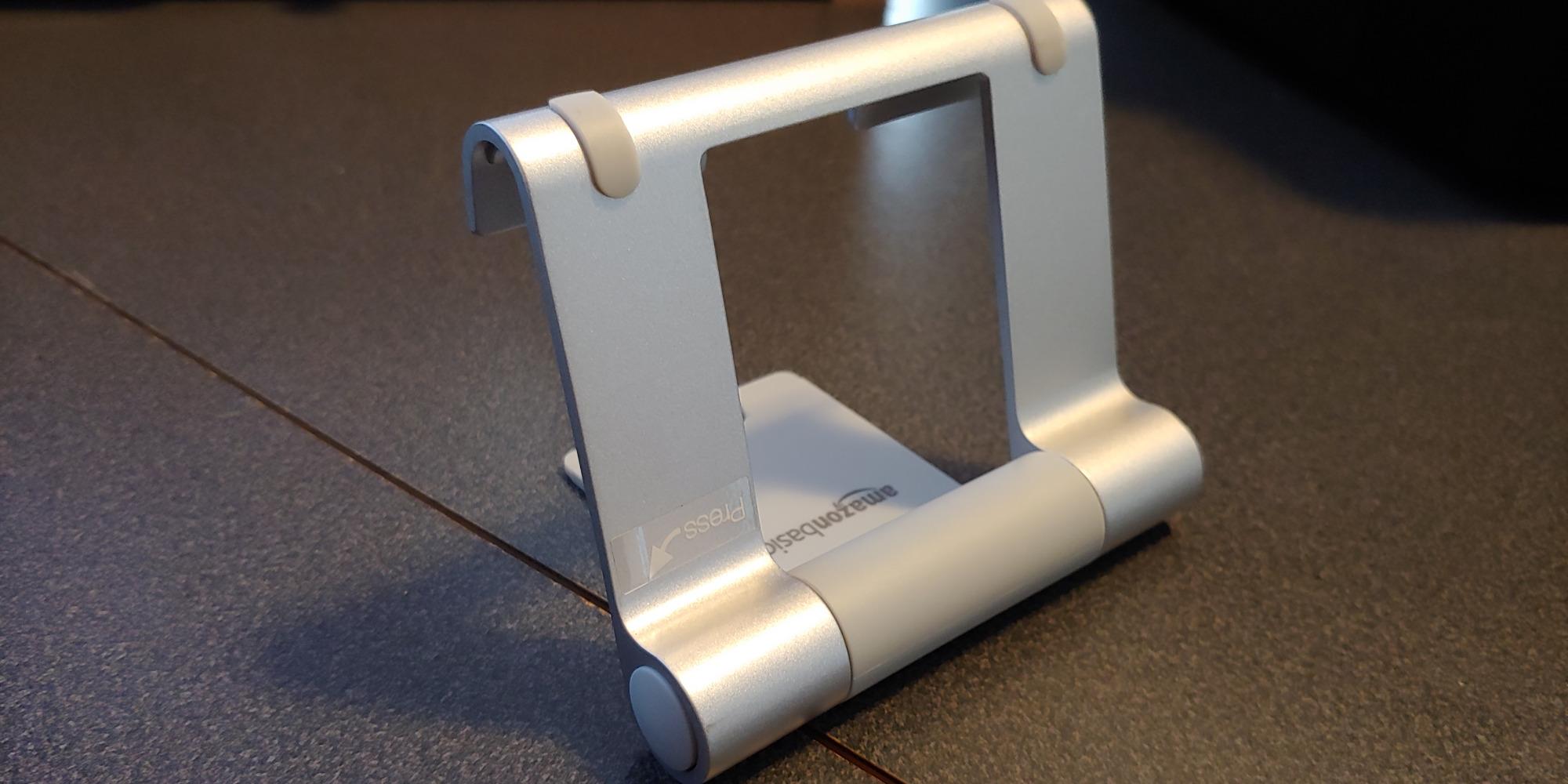 Amazon Basics Multi-Angle Portable Foldable Stand for Tablets, E-Readers and Phones, Non-Slip Desktop Holder for iPads, iPhones, Kindles, Hands-Free Viewing - Silver customer photo 2