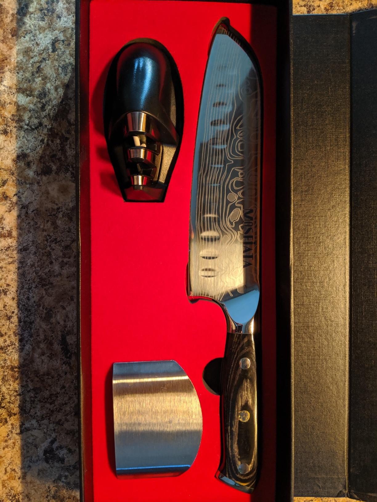 MOSFiATA Santoku Knife- 7 Inch Vegetable Knife Ultra Sharp Chopping Knife- Forged EN.4116 German Steel- Including Sheath,Finger Guard,Knife Sharpener,Full Tang,Best Gifts with Handmade Gift Box customer photo 1