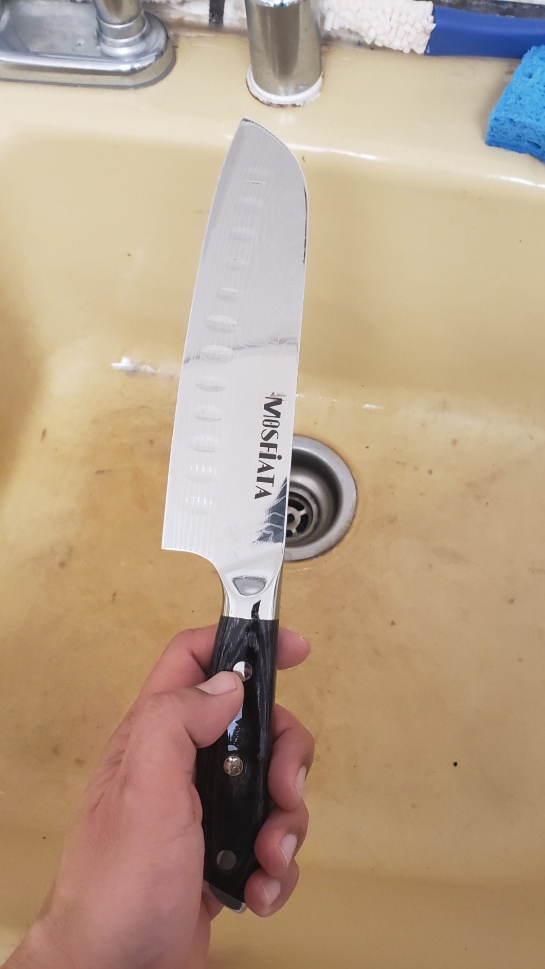 MOSFiATA Santoku Knife- 7 Inch Vegetable Knife Ultra Sharp Chopping Knife- Forged EN.4116 German Steel- Including Sheath,Finger Guard,Knife Sharpener,Full Tang,Best Gifts with Handmade Gift Box customer photo 2