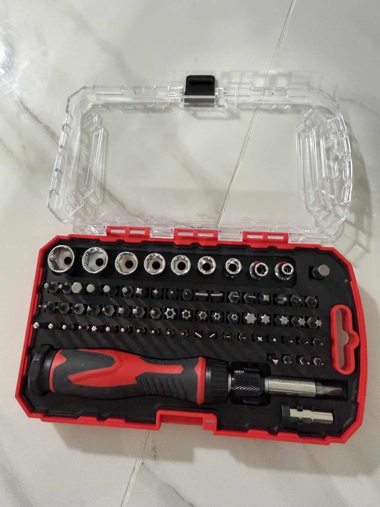 Amazon Basics Magnetic Ratcheting Wrench and Electronics Precision Screwdriver Tool Set, 73-Piece, with Carry Case for Household Repair, Small Jobs, Eyeglasses, Black/Red/Silver customer photo 2