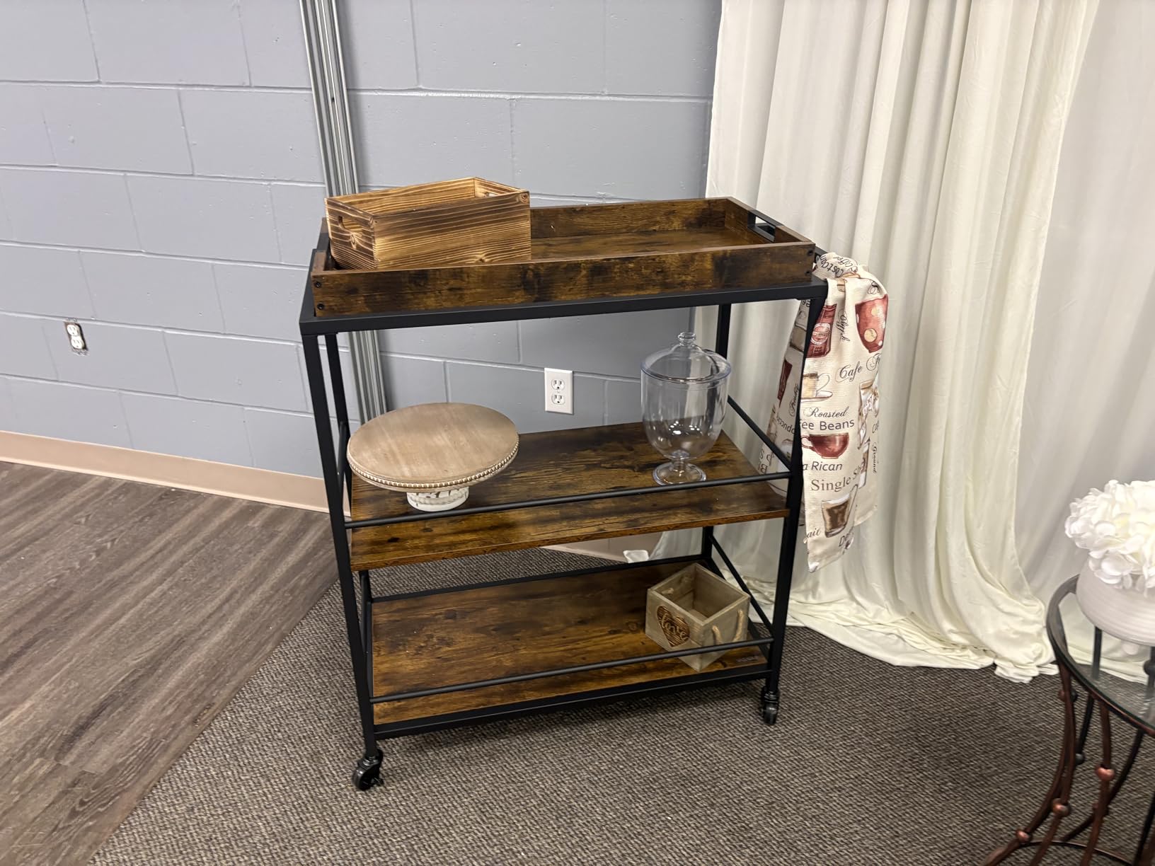 VASAGLE Kitchen Serving Cart with Removable Tray, 3-Tier Kitchen Utility Cart on Wheels with Storage, with Brakes, Leveling Feet, 15.7 x 28.3 x 33.9 Inches, Rustic Brown and Black ULRC72X customer photo 1