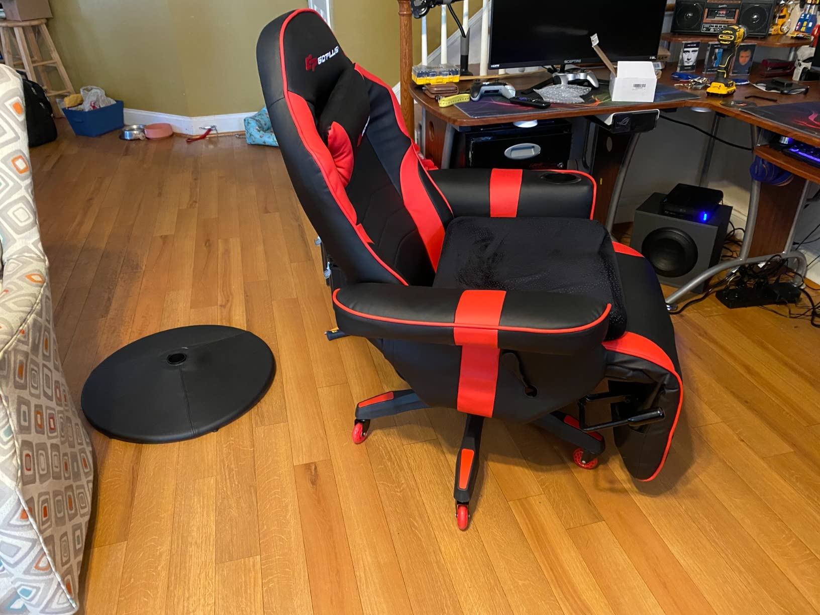 Goplus Massage Gaming Chair, Racing Style Gaming Recliner w/Adjustable Backrest and Footrest, Ergonomic High Back PU Leather Computer Office Chair Swivel Game Chair w/Cup Holder and Side Pouch customer photo 2