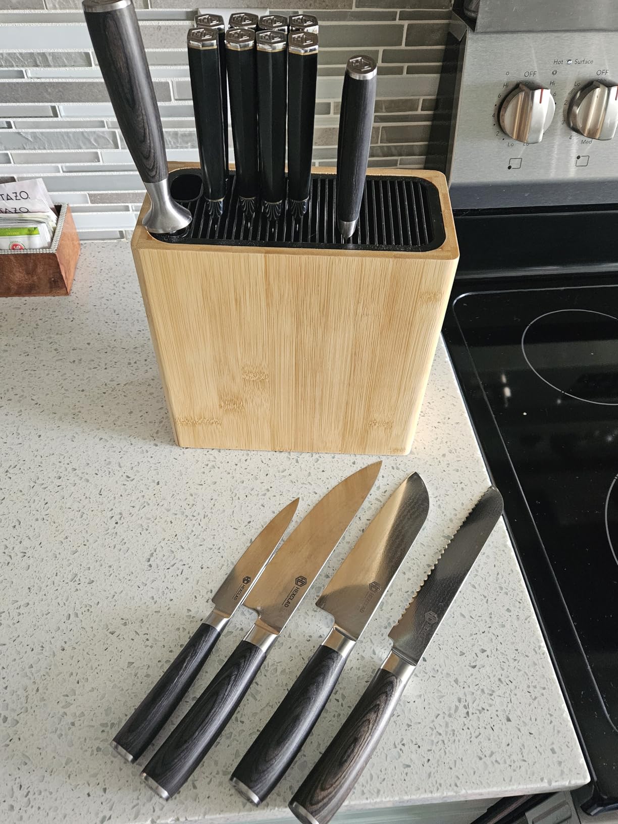 KITCHENDAO XL Bamboo Universal Knife Block Holder with Slots for Scissors and Sharpening Rod, Safe, Space Saver Knives Storage Stand Display without Knives, Unique Slot Design to Protect Blade customer photo 1