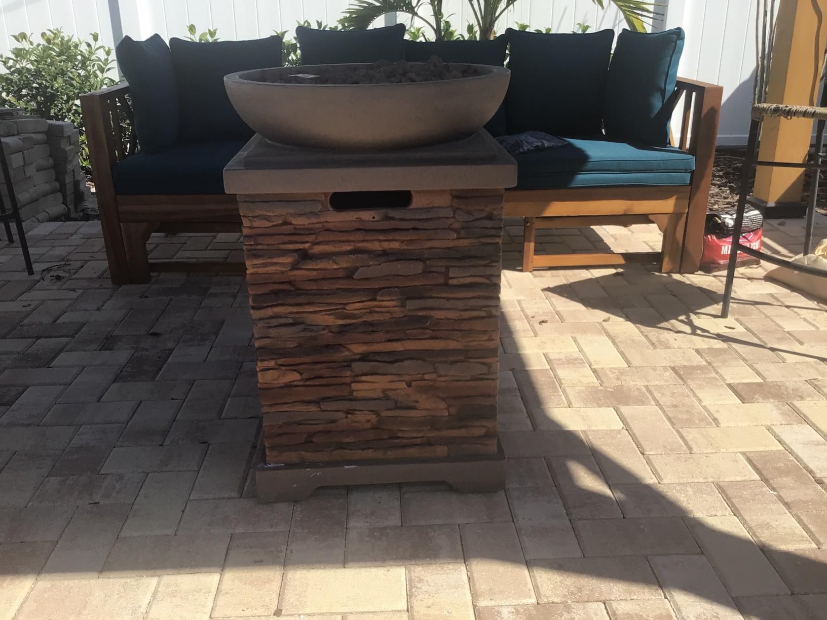 SUNBURY Outdoor Propane Fire Pit, Gas Fire Pit for Outside Patio, Stone Outdoor Fire Table Fire Column 40,000 BTU Propane Fire Tables Firepit Table w Lava Rocks, CSA Certified, Waterproof Cover customer photo 1