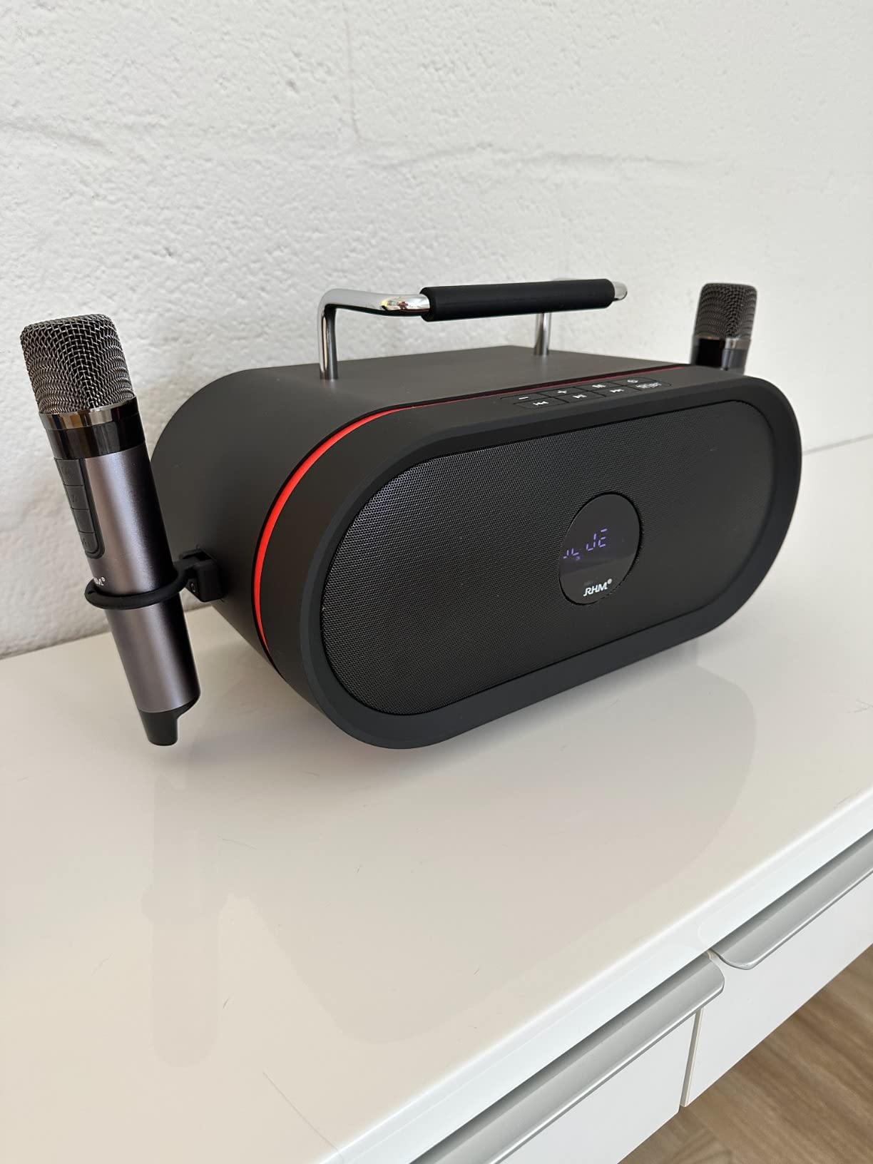 RHM K666 Karaoke Machine with 2 UHF Wireless Mics & Voice Beautifier, 60W Balanced Audio, 8H Playtime, Built-in Handle for Backyard BBQ, Camping & Outdoor Events, Bluetooth/AUX/USB/PC Support customer photo 2
