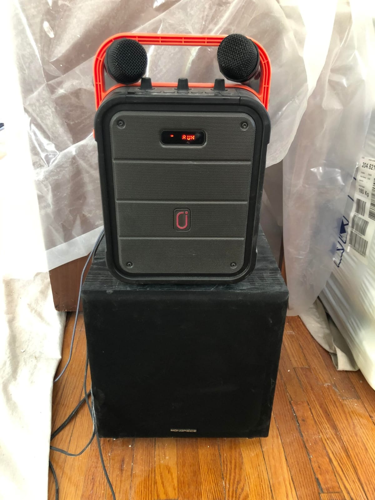 JYX Karaoke Machine with Two Wireless Microphones, Portable Bluetooth Speaker with Bass/Treble Adjustment, PA System with Remote Control, LED Lights,Supports TF Card/USB/AUX/TWS customer photo 1