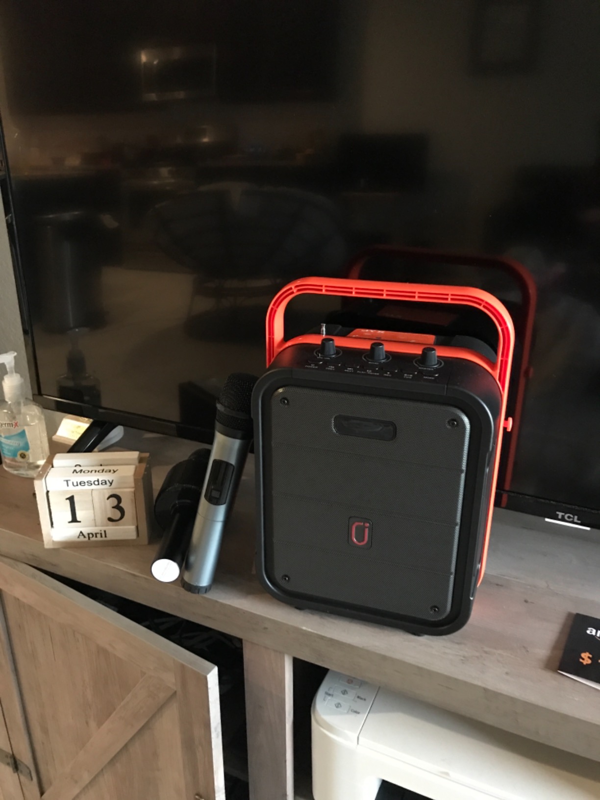 JYX Karaoke Machine with Two Wireless Microphones, Portable Bluetooth Speaker with Bass/Treble Adjustment, PA System with Remote Control, LED Lights,Supports TF Card/USB/AUX/TWS customer photo 2