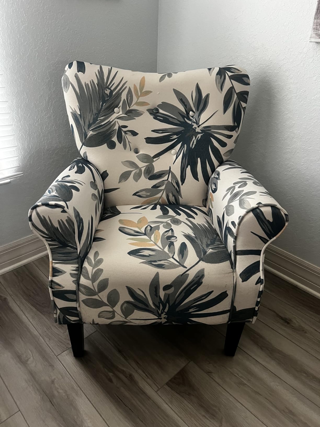 YOLENY Modern Accent Chair,High Back Armchair,Upholstered Fabric Button Single Sofa with Wooden Legs for Living Room,Bedroom,Blue Leaves customer photo 1