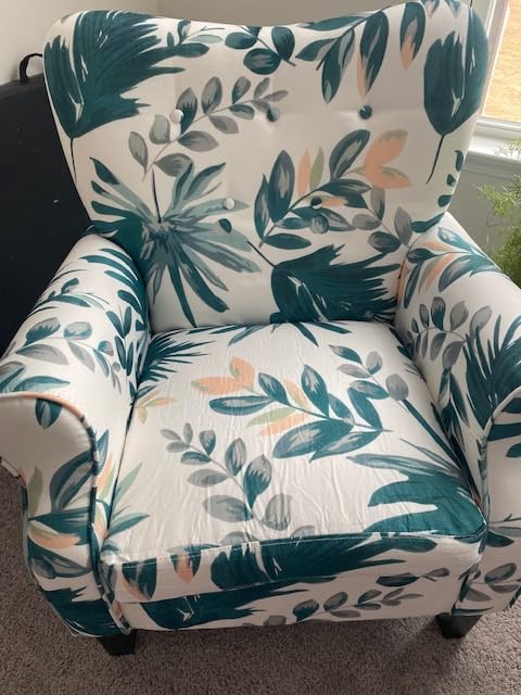 YOLENY Modern Accent Chair,High Back Armchair,Upholstered Fabric Button Single Sofa with Wooden Legs for Living Room,Bedroom,Blue Leaves customer photo 2