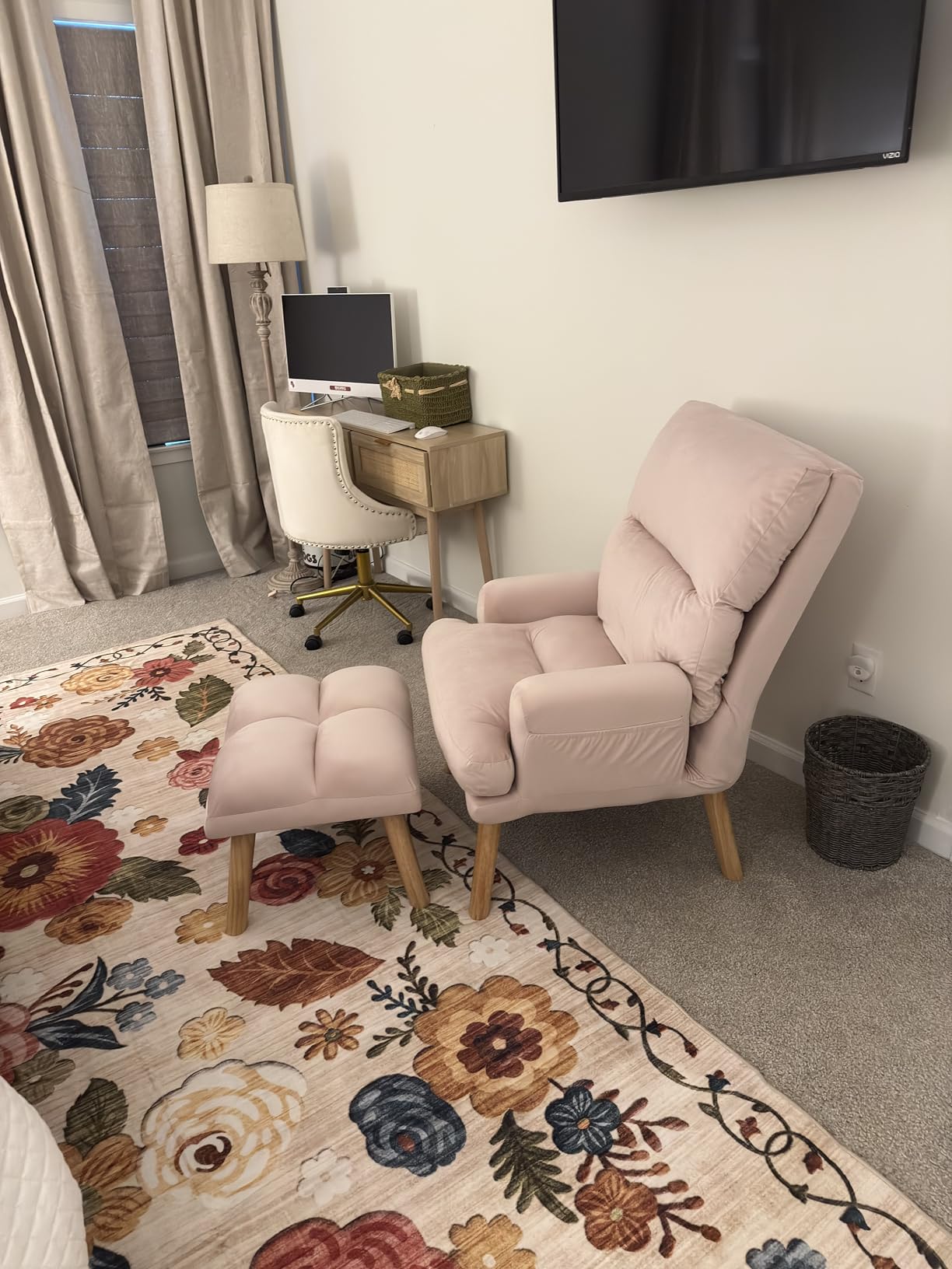CANMOV Modern Accent Chair with Ottoman, Soft Fabric Armchair with Adjustable Backrest and Side Pockets, Comfy Lounge Chair for Living Room, Bedroom, Apartment, Office, Beige customer photo 2