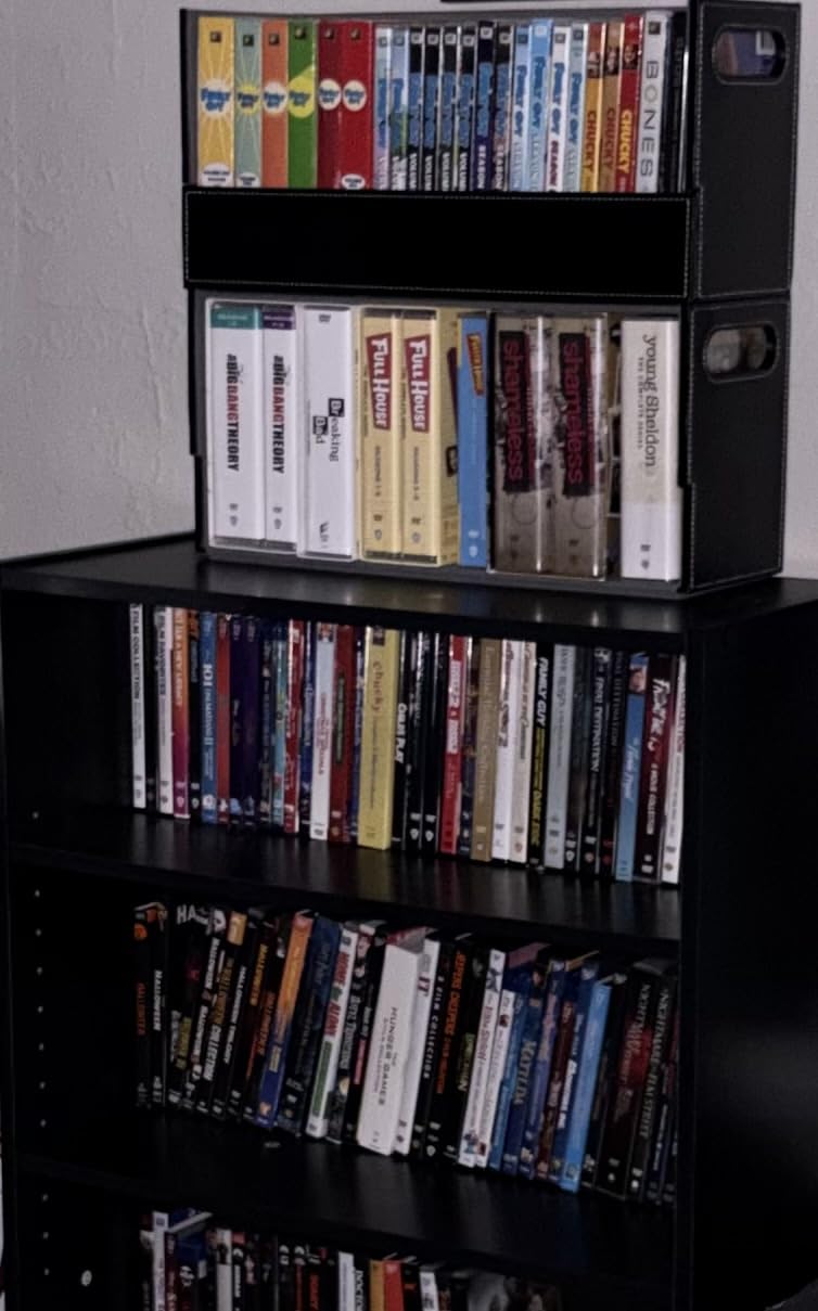 Stock Your Home DVD Storage Box, Movie Shelf Organizer for Blu-Ray, Video Game Cases, CDs, VHS Tape Display Stand, Disc Holder Can Store Up to 28 DVDs, Faux Leather (Black) customer photo 1