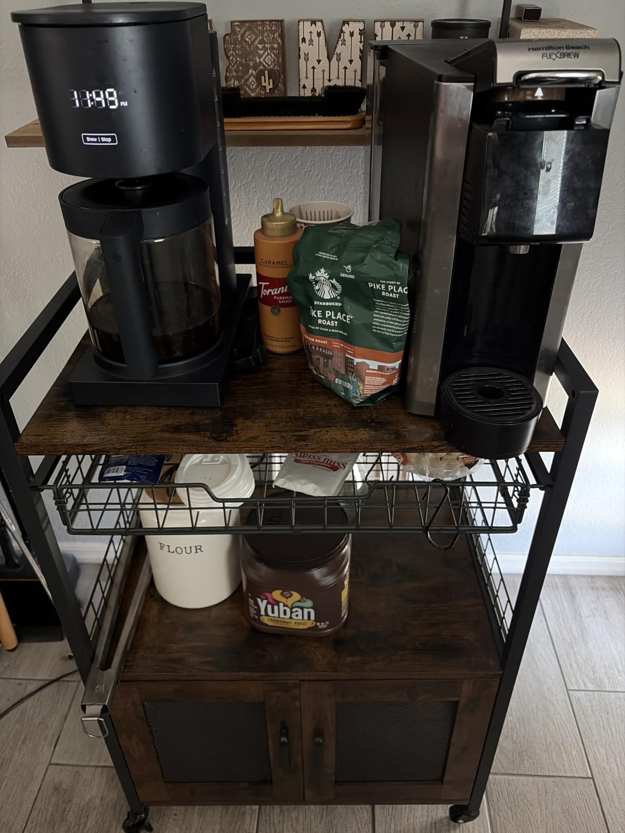 Hencawima Coffee Bar Cabinet, 3 Tier Coffee Station Table on Wheels, 35.9