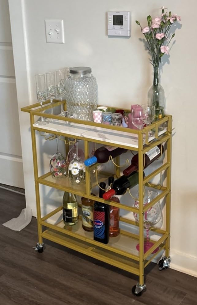 MAHANCRIS Bar Cart for Home, 3-Tier Serving Cart with Wheels and Handle, Beverage Cart with Wine Rack and Glass Holders, Rolling Wine Cart for Kitchen, Dining Room, Rustic Brown RCHR6101 customer photo 2