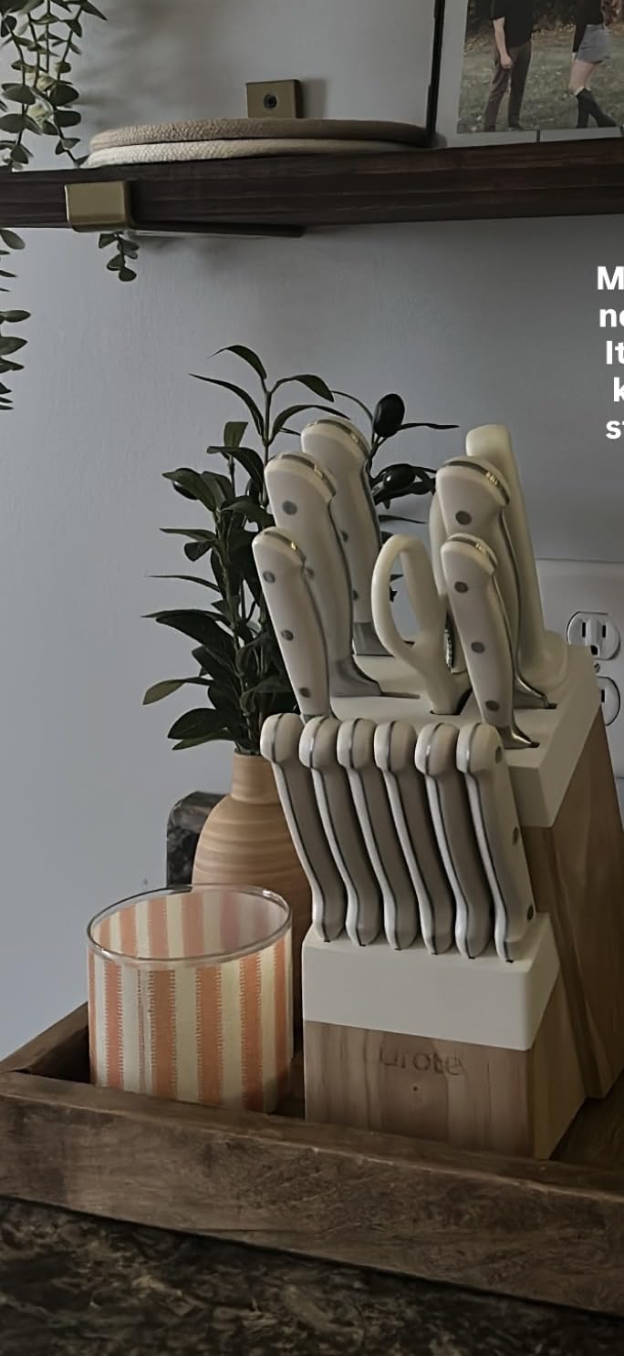 CAROTE 14-Piece Knife Set with Wood Block, Rust-Resistant, Cream customer photo 1
