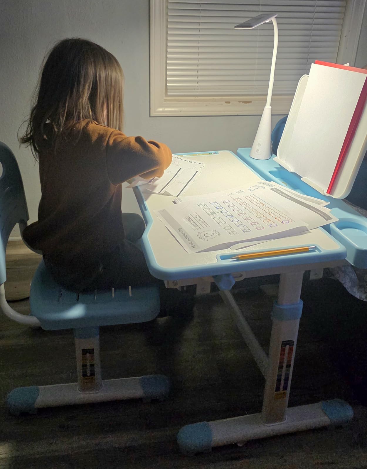 Rengue Kids Desk and Chair Set, Height Adjustable Children School Functional Study Desk with 55° Tiltable Desktop, 3 Modes & Brightness LED Light, Storage Drawer & Metal Hook for Boys Girls (Grey) customer photo 2