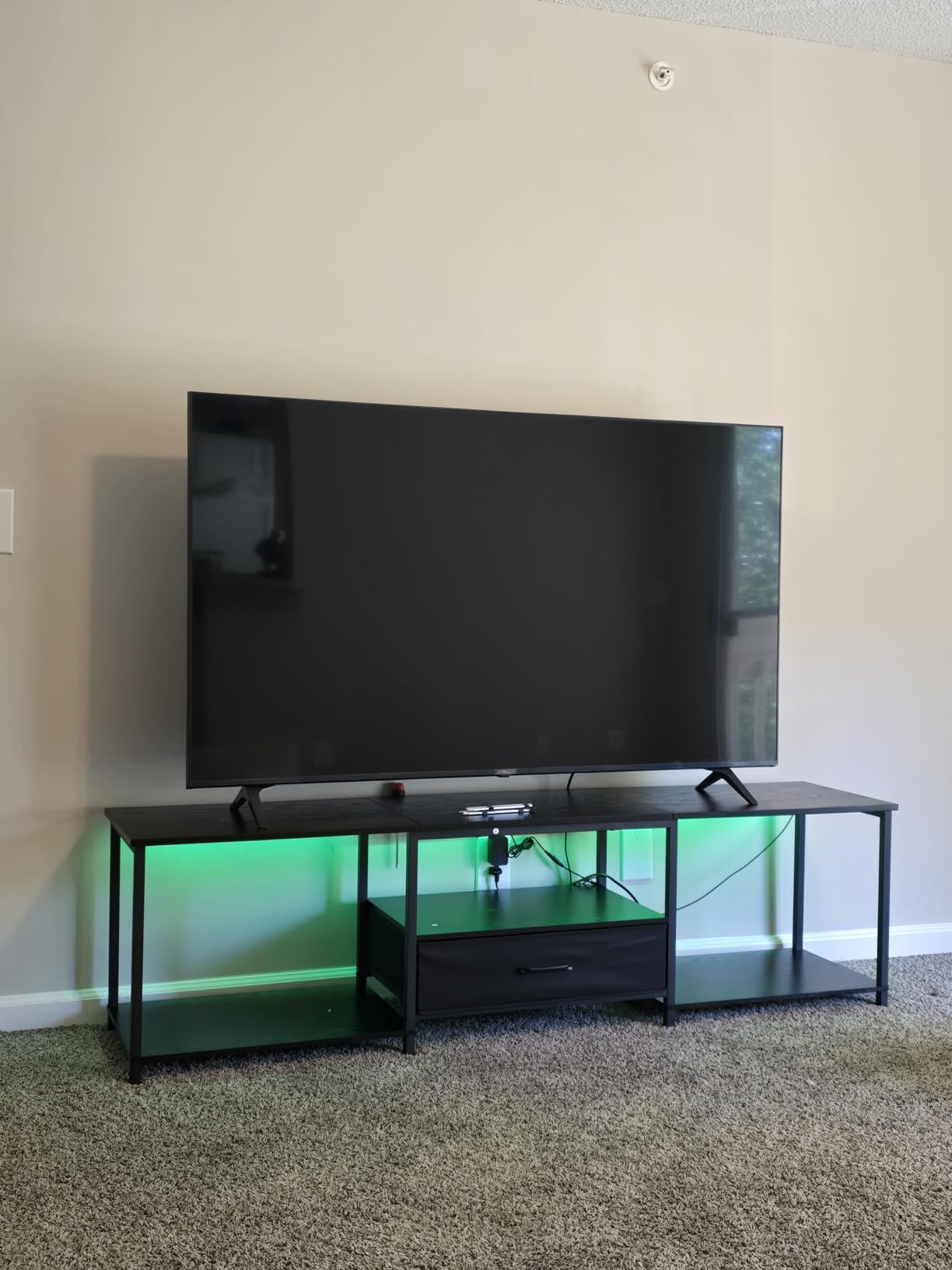 JARHETUN TV Stand with LED Lights, Entertainment Center with Open Shelves and Fabric Drawer, Media Console for 55 Inch TV, Television Stands for Living Room, Bedroom, Black customer photo 2