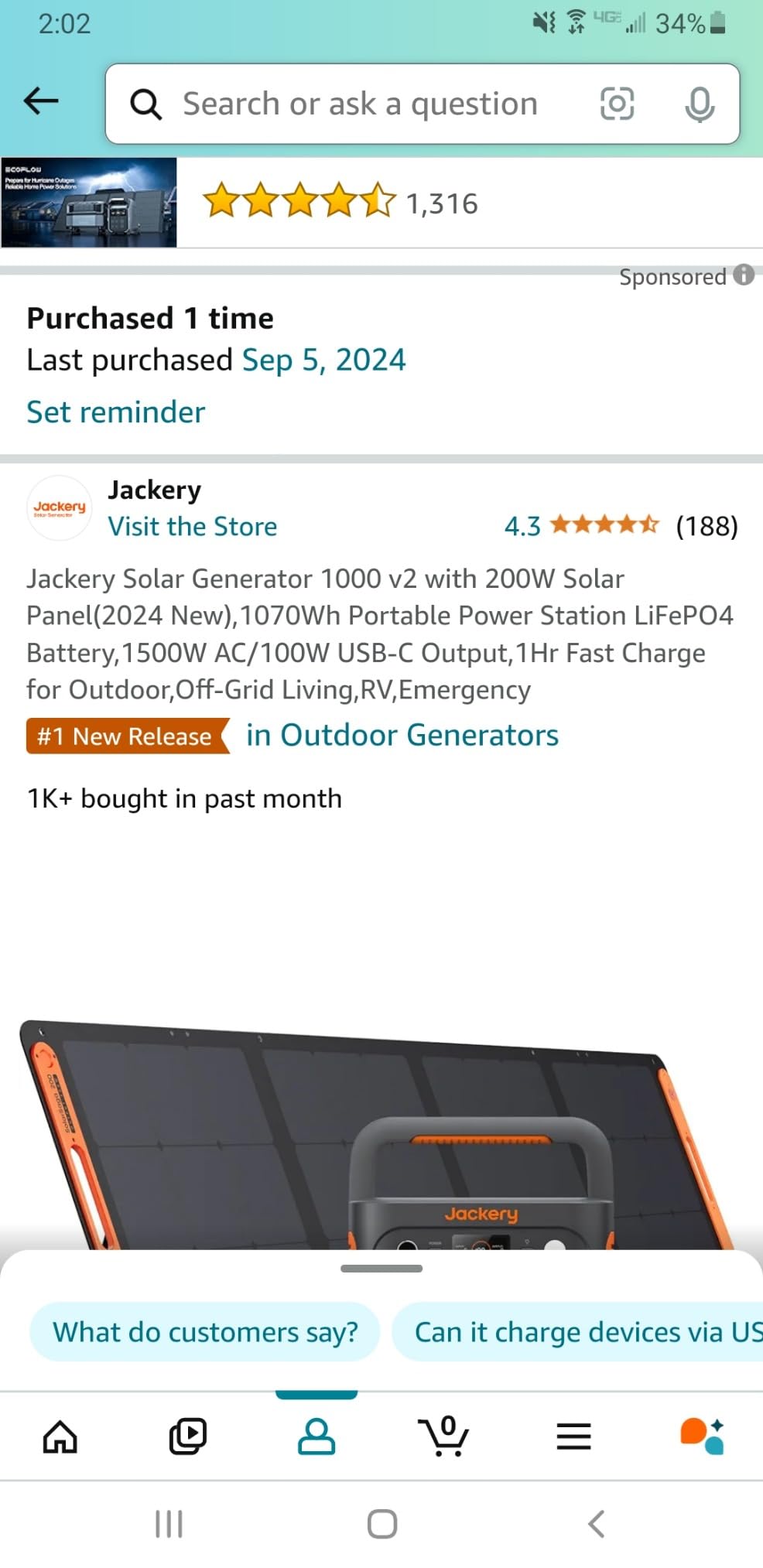 Jackery Solar Generator 1000 v2 and 200W Solar Panel,1070Wh,1500W AC customer photo 2