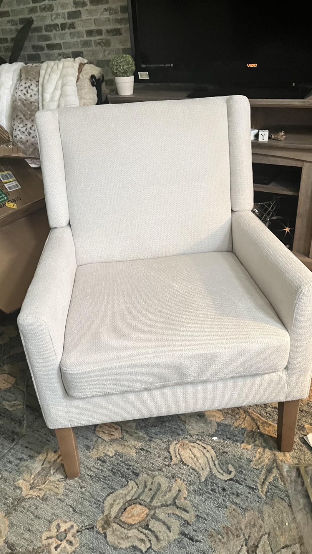 COLAMY Modern Wingback Living Room Chair, Upholstered Fabric Accent Armchair, Single Sofa Chair with Lounge Seat and Wood Legs for Office/Bedroom/Reading Spaces, Beige customer photo 2