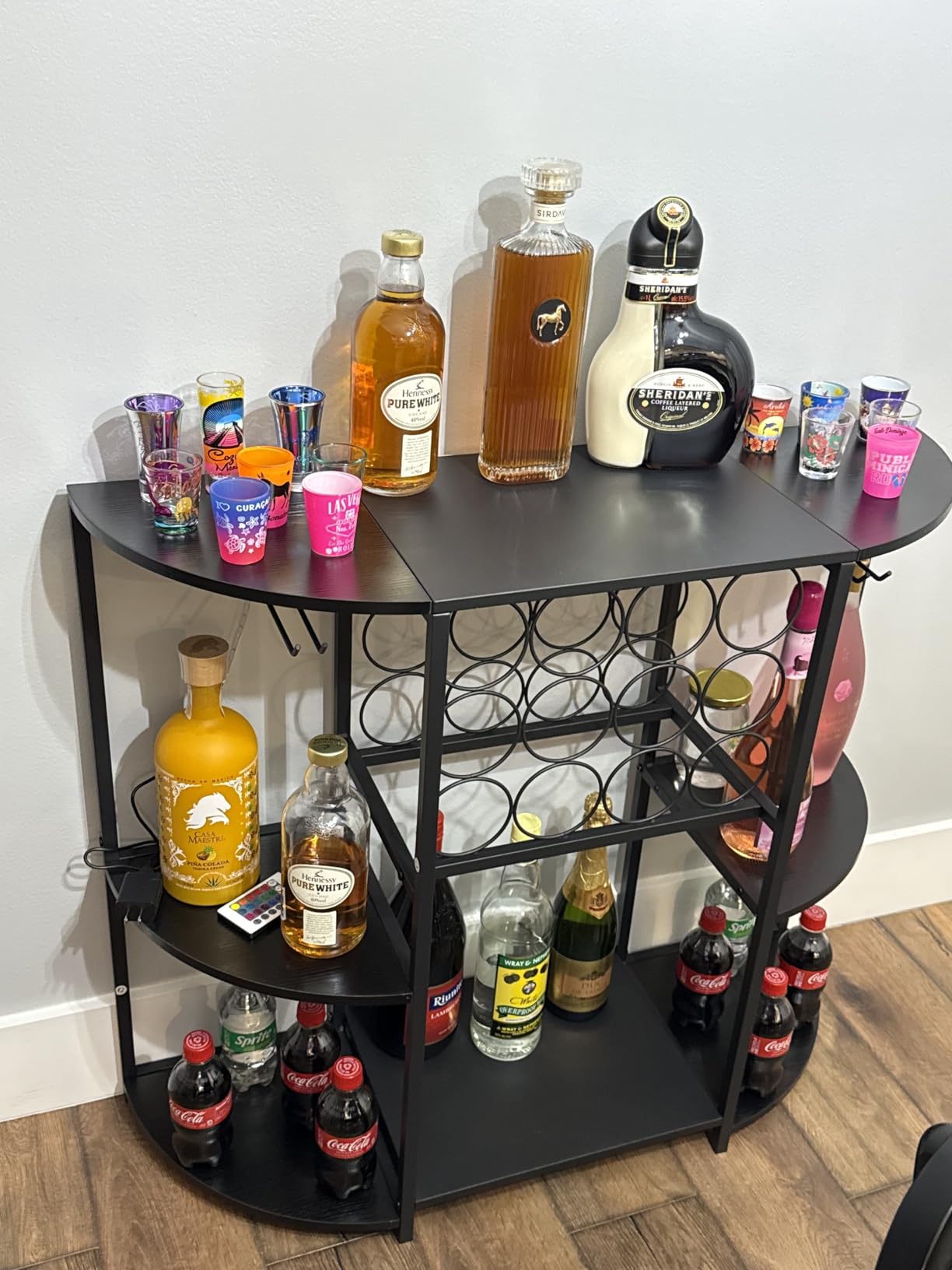 JKsmart Wine Bar Cabinet with LED Lights, Mini Wine Bar Cart with Storage and Glass Holder, Home Bar Coffee Bar for Liquor, 3-Tier Bar Table for Kitchen, Dining Room, Living Room, Black customer photo 2