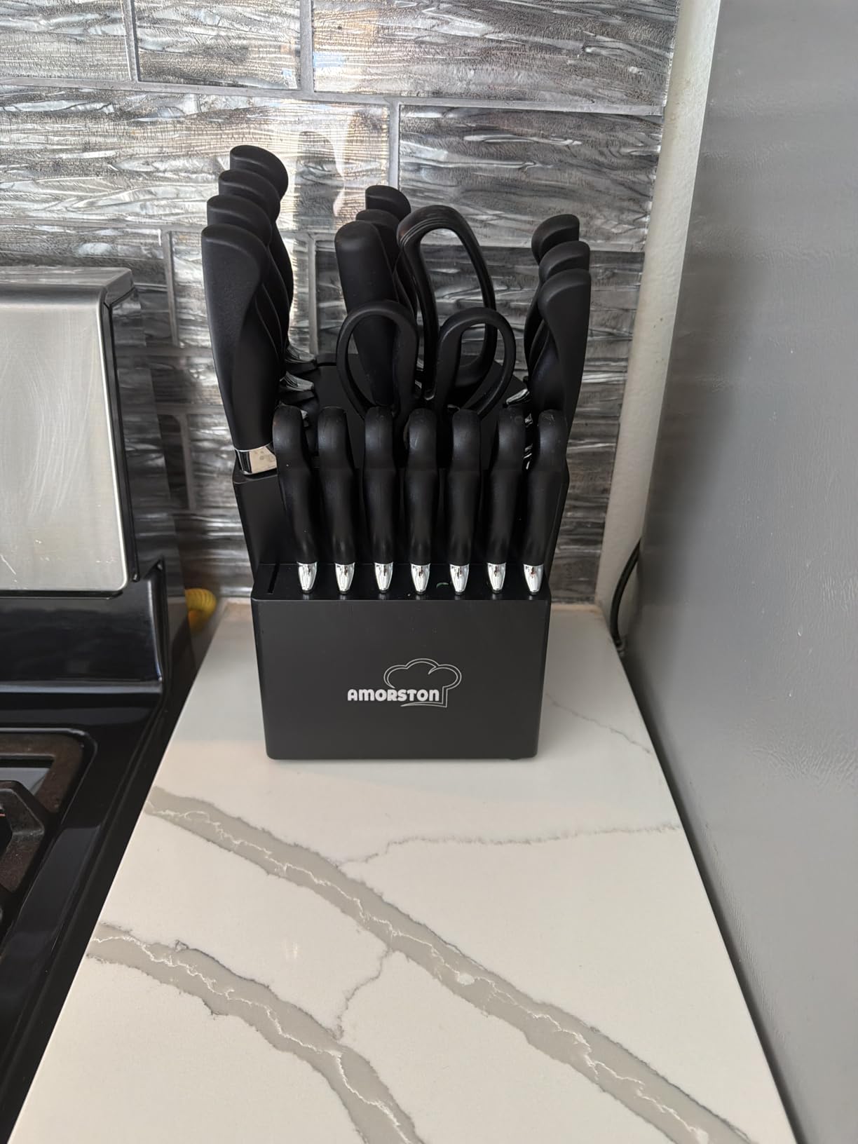 Knife Set, Amorston 21 Pieces Kitchen Knife Set with Block and Sharpener, Ultra-Sharp Knives Set with Ergonomic Handles, Black German Stainless Steel Knife Block Set, Dishwasher Safe customer photo 2