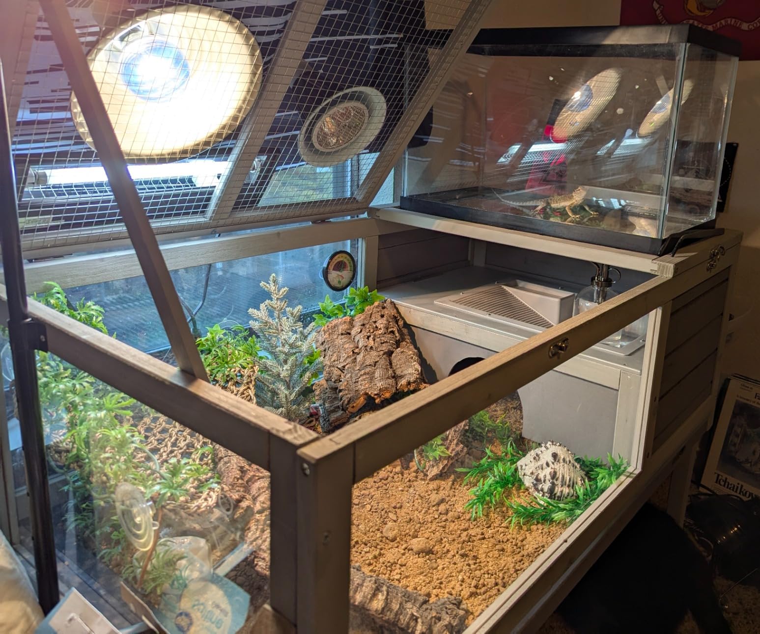 BIRASIL Wood Tortoise Enclosure with Adjustable Light Stand,2-Tier Habitat Reptile Cage with Swimming Area Feeding Area, Tortoises House for Small Animals Lizards Hamster (Gray/White) customer photo 1