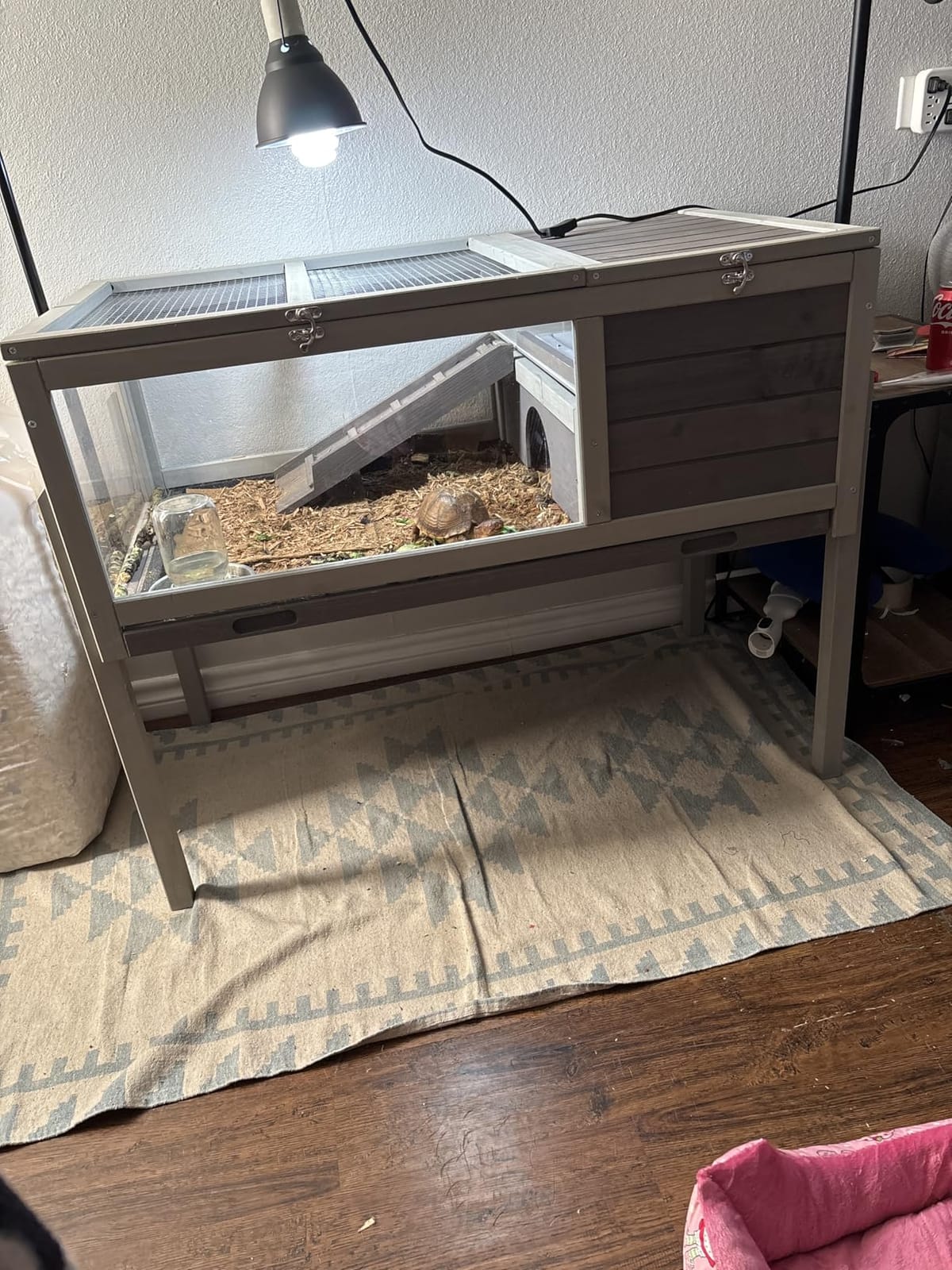 BIRASIL Wood Tortoise Enclosure with Adjustable Light Stand,2-Tier Habitat Reptile Cage with Swimming Area Feeding Area, Tortoises House for Small Animals Lizards Hamster (Gray/White) customer photo 2