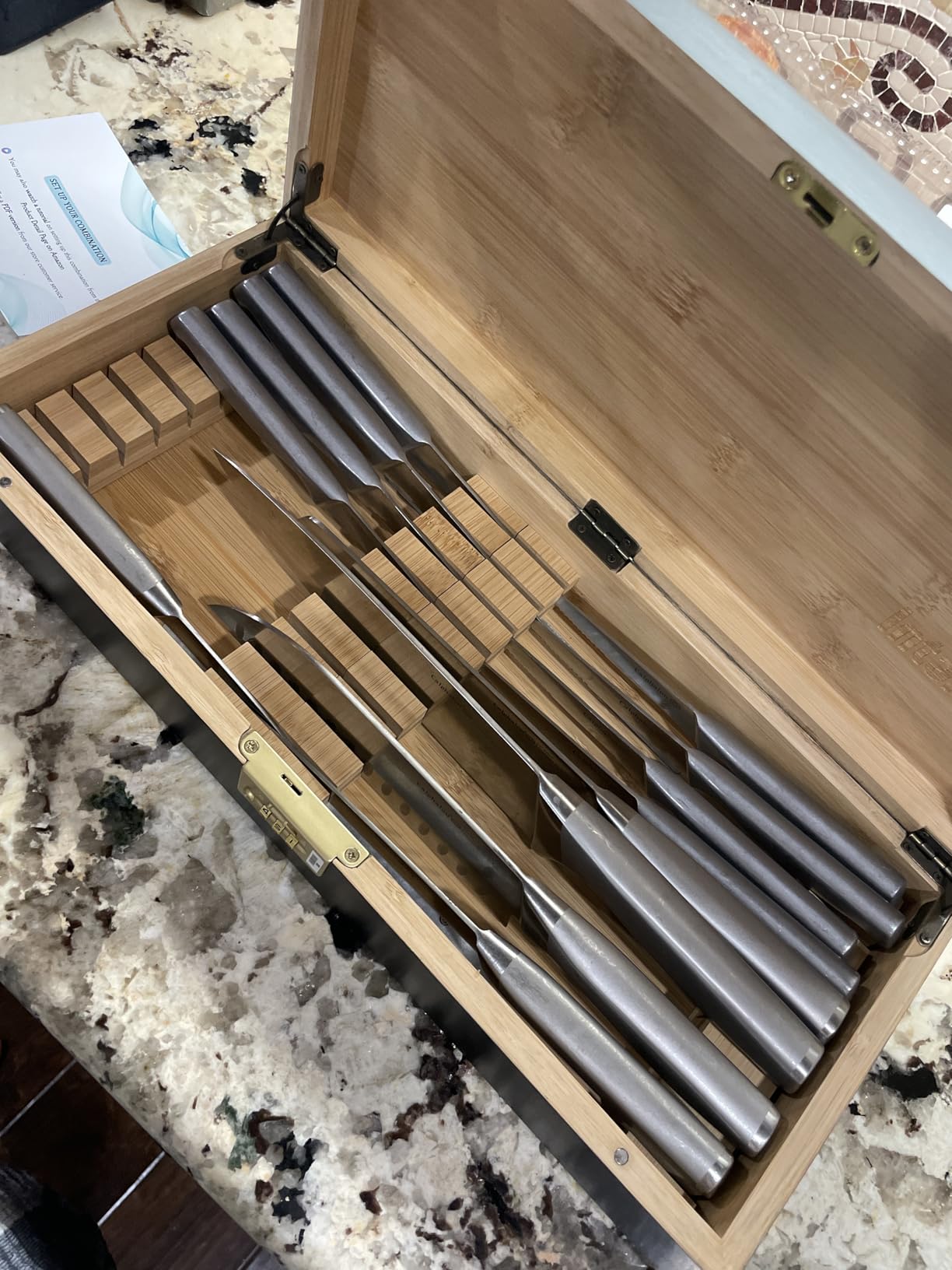 Upgraded Lockable Large Bamboo Knife Storage Box with Magnetic Removable Knife Blocks for Easy, Quick and Safe Culinary Tools Storage, Keyless Kitchen Combination Lock Box, Great Kitchen Gifts customer photo 1