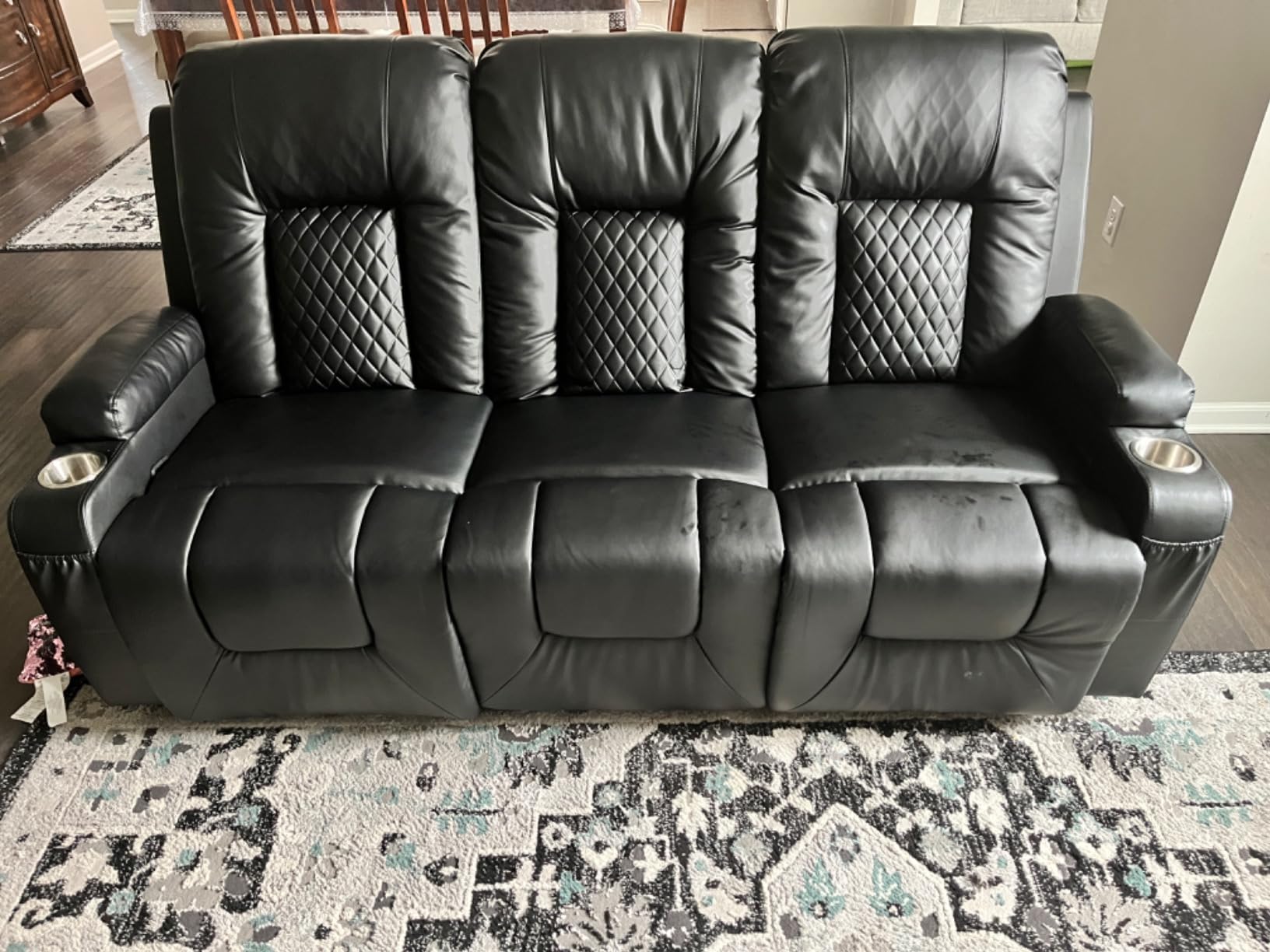 FURNIMAT Recliner Sofa, Modern Dual Reclining Sofa with Flip Back Console, 4 Seater PU Leather Recliner Couch for Living Room/RV, with Storage Drawer, USB Ports, Cup Holder, Cell Phone Holder, Black customer photo 1