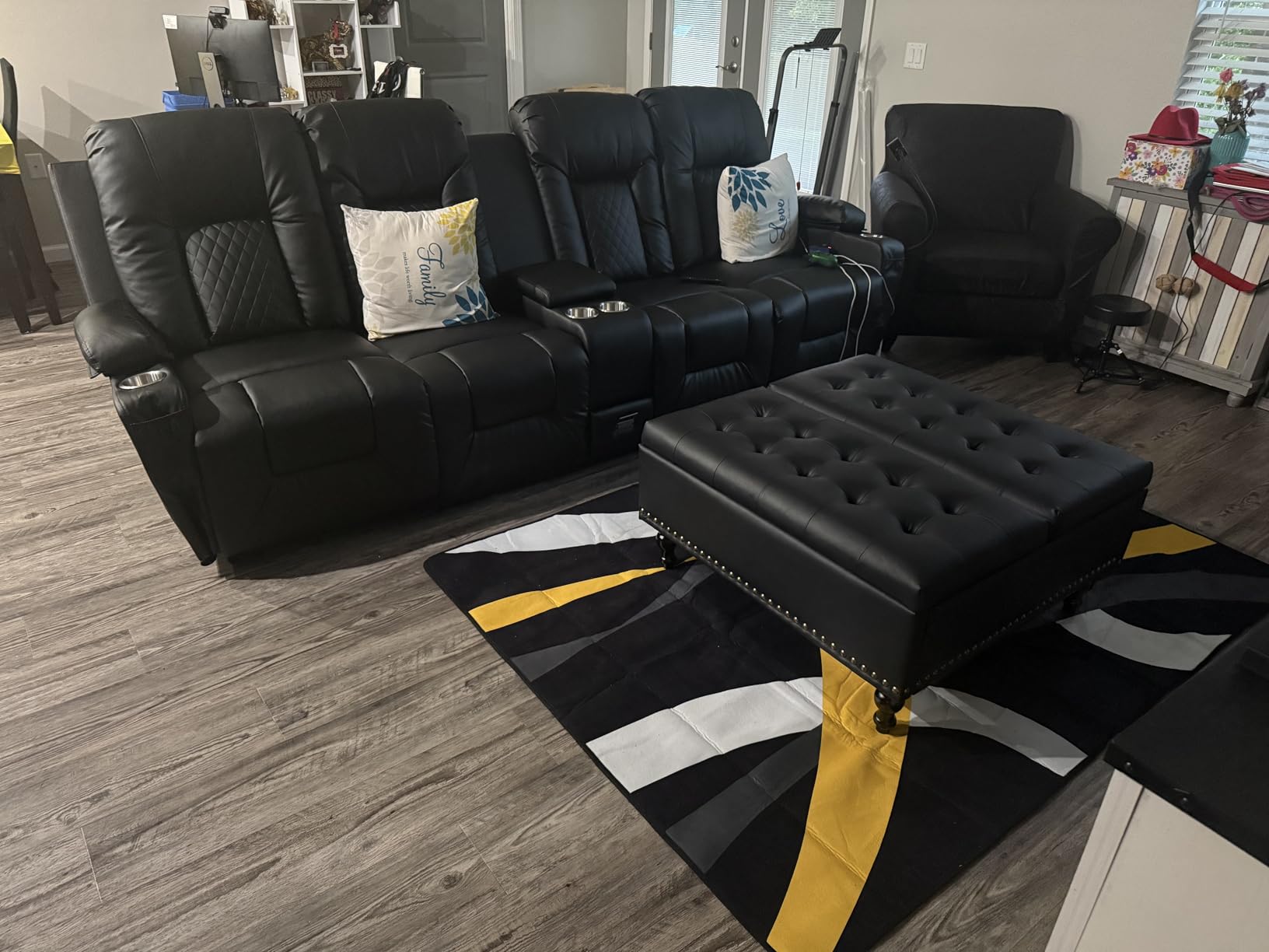Recliner Sofa, Home Theater Seating with Center Console, 4 Seat Reclining Couch with USB Ports & Phone Holders, Wall Hugger RV Sofa Furniture Loveseat Recliner Couch with Storage & Pocket customer photo 1