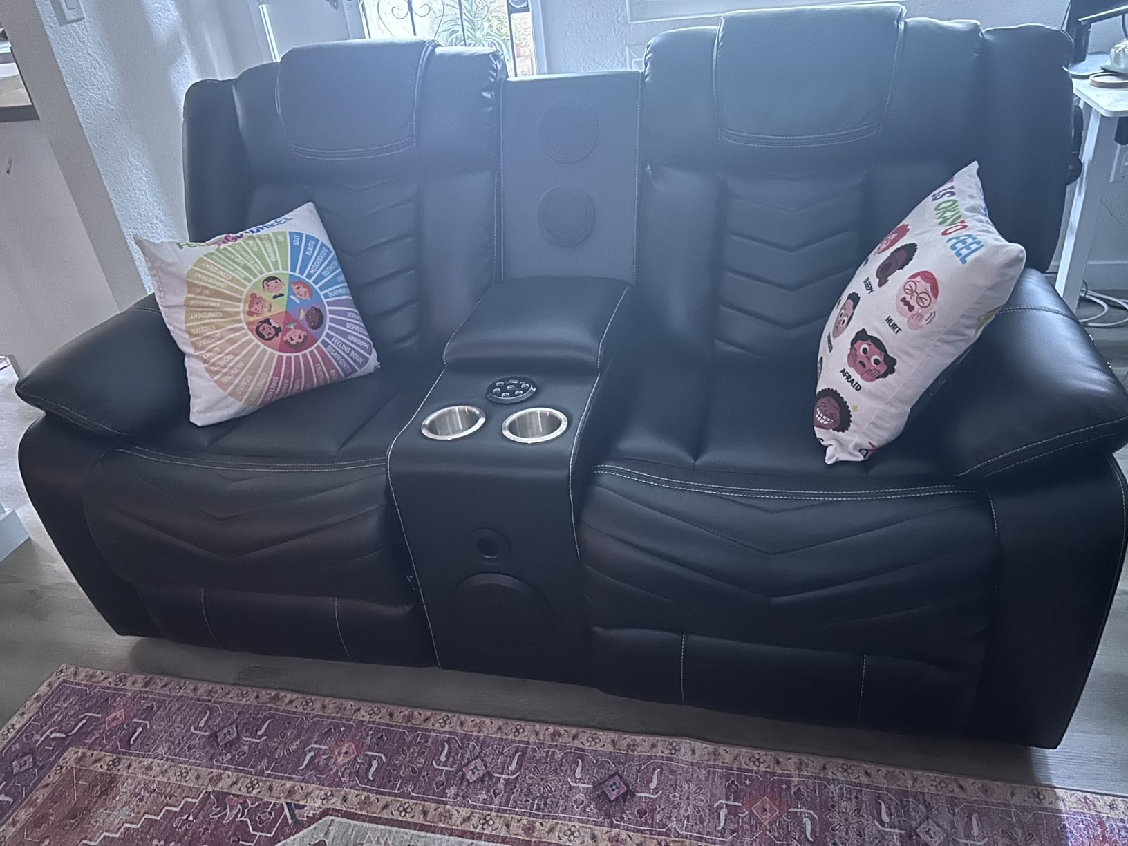 Manual Recliner Sofa Set with Wireless Charger for Living Room, Leather 3 Seater Reclining Sofa and Loveseat Seating Couch with Bass Speakers, LED Lights,Home Theater Love seat Sets with Console,Grey customer photo 1