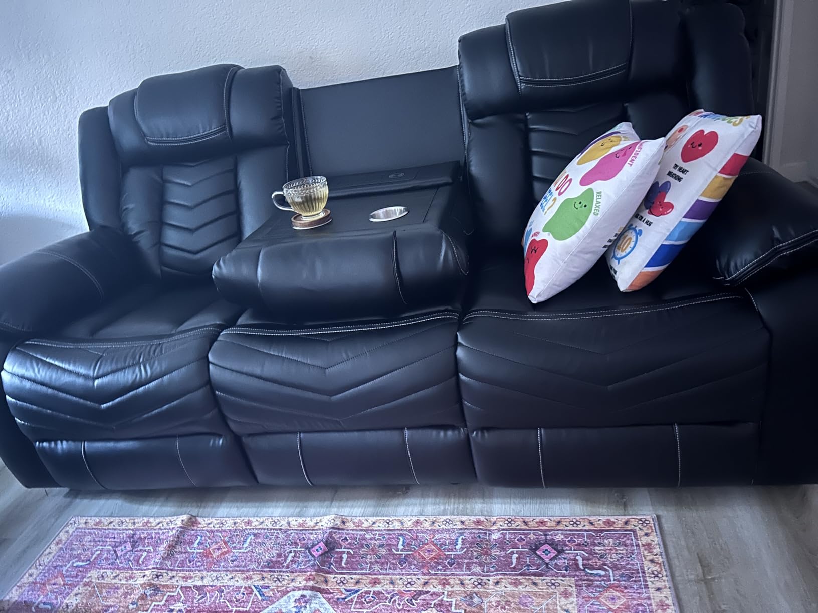 Manual Recliner Sofa Set with Wireless Charger for Living Room, Leather 3 Seater Reclining Sofa and Loveseat Seating Couch with Bass Speakers, LED Lights,Home Theater Love seat Sets with Console,Grey customer photo 2
