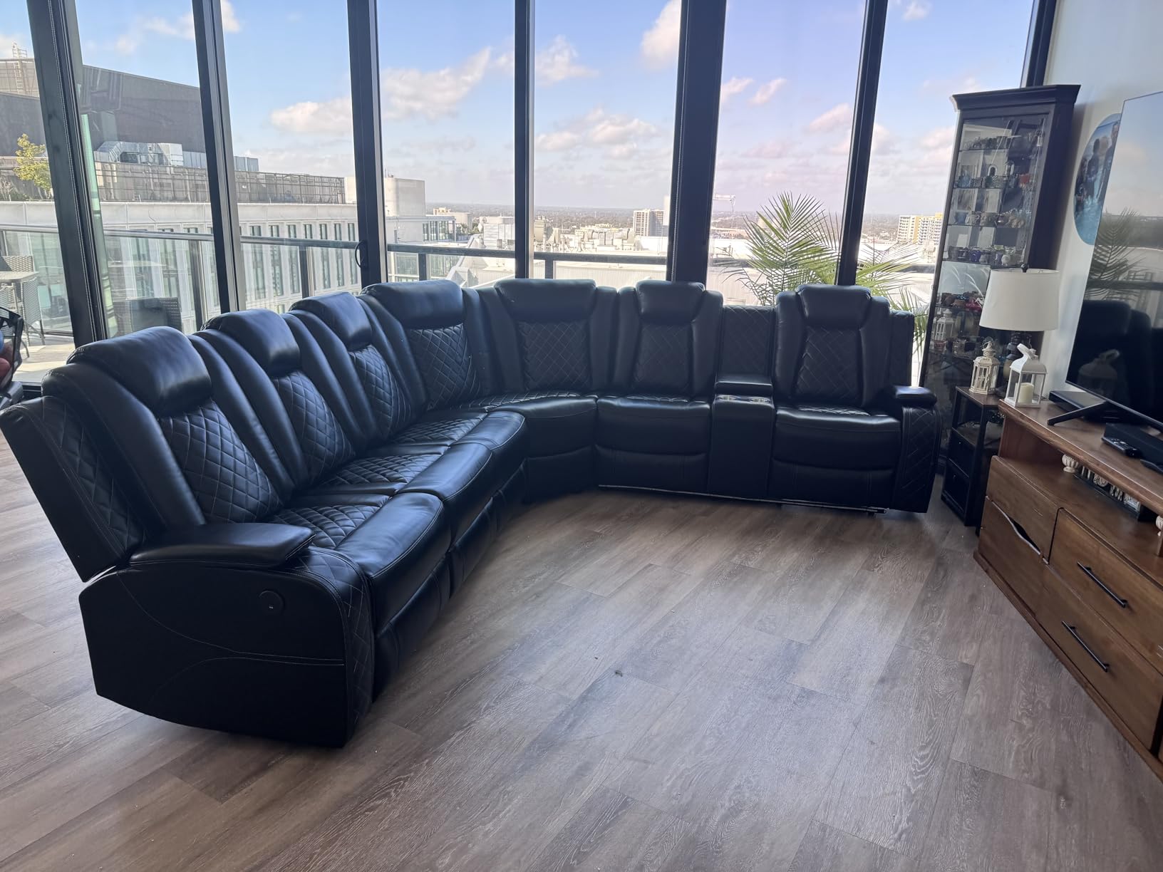 Power Recliner Sectional Sofa with Speaker, Black Faux Leather Reclining Couch for Living Room, 6-Seat L Shaped Sectional Couch with LED/USB Port/Cup Holder for Home Theater customer photo 2